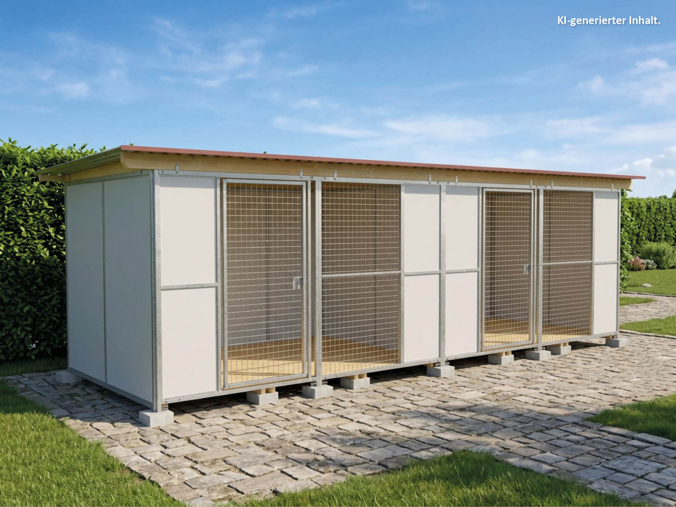 Europa-Hundezwinger Vollschutz 2 x 6 m einmal unterteilt mit zwei Türen, mit Gitterfront, Dach und Holzboden