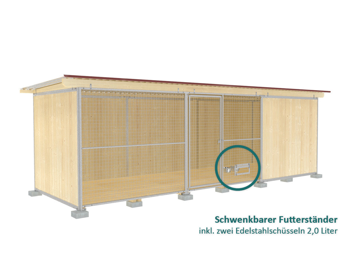 Zwinger mit Holzböden und Holzwänden und einem Futterset für Hunde