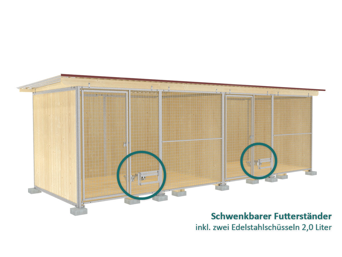Abgeteilter Hundezwinger mit durchgehendem Dach aus verzinkten Wellblechtafeln und je einem Futterset