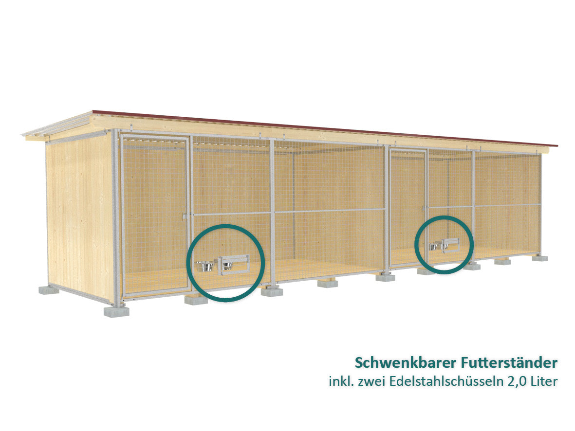 Abgeteilter Hundezwinger mit durchgehendem Dach aus verzinkten Wellblechtafeln