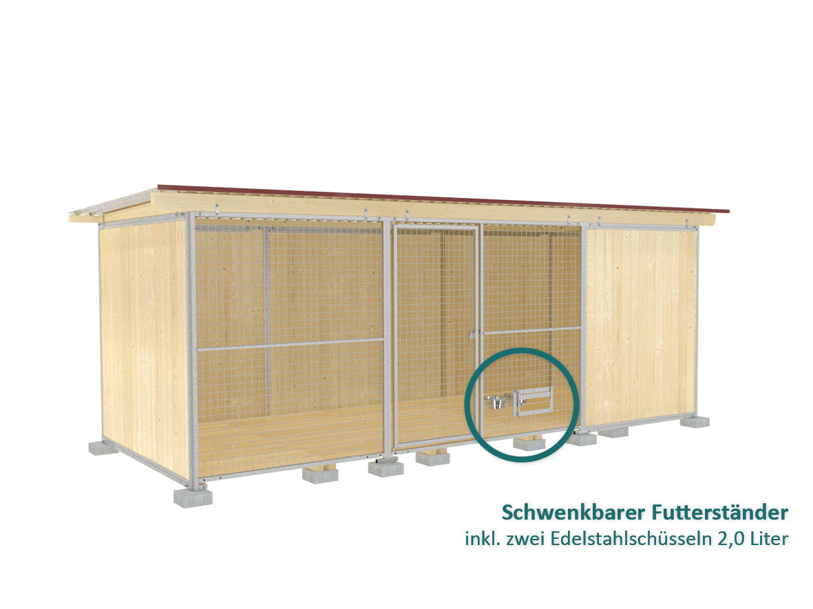 Zwinger mit Holzböden und Holzwänden und einem Futterset für Hunde