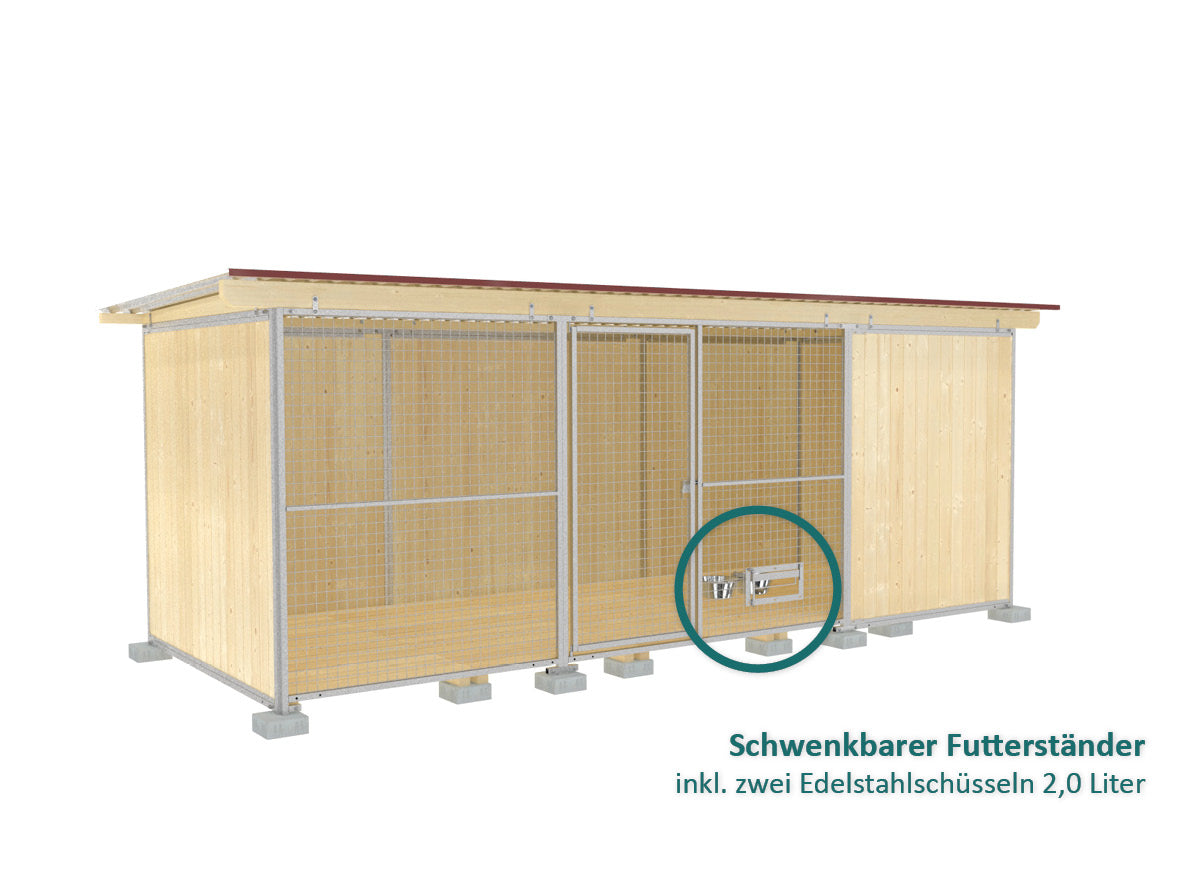Zwinger mit Holzböden und Holzwänden und einem Futterset für Hunde