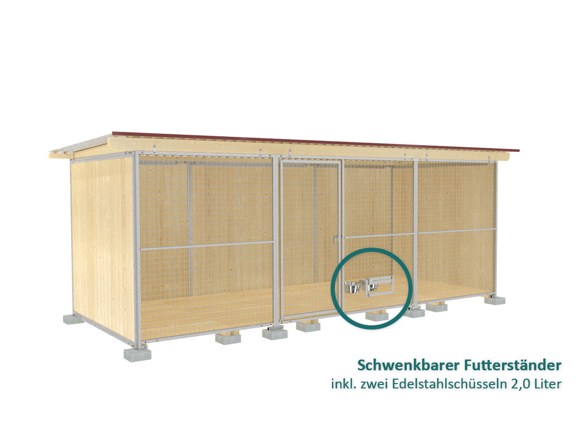Naturbelassener und unbehandelter Hundezwinger aus Fichtenholz mit Futterset und Schüsseln aus Edelstahl