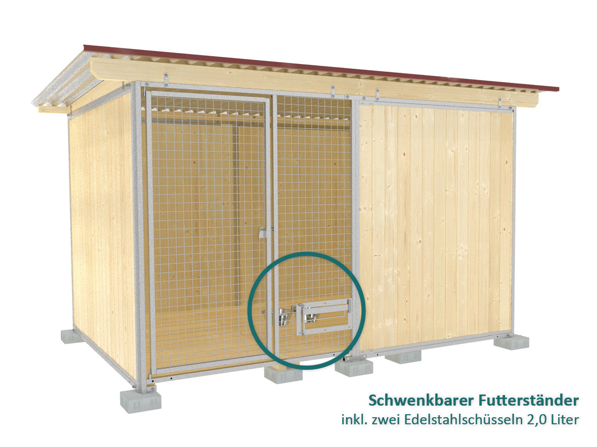 Schutzeckehundezwinger mit Futterset eingebaut im Türrahmen