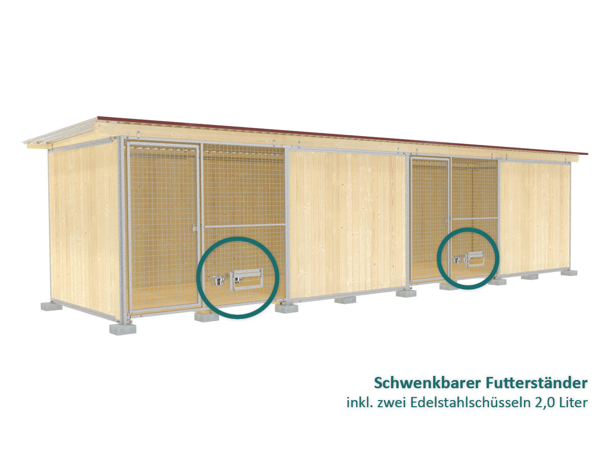 Hundezwinger mit Holzwänden aneinander gebaut mit durchgehendem Dach