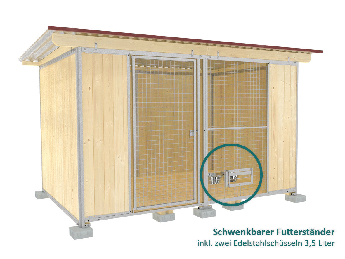 Hundezwinger mit schwenkbarem Futterständer inklusive Edelstahlschüsseln mit Fassungsvermögen 3,5 Liter