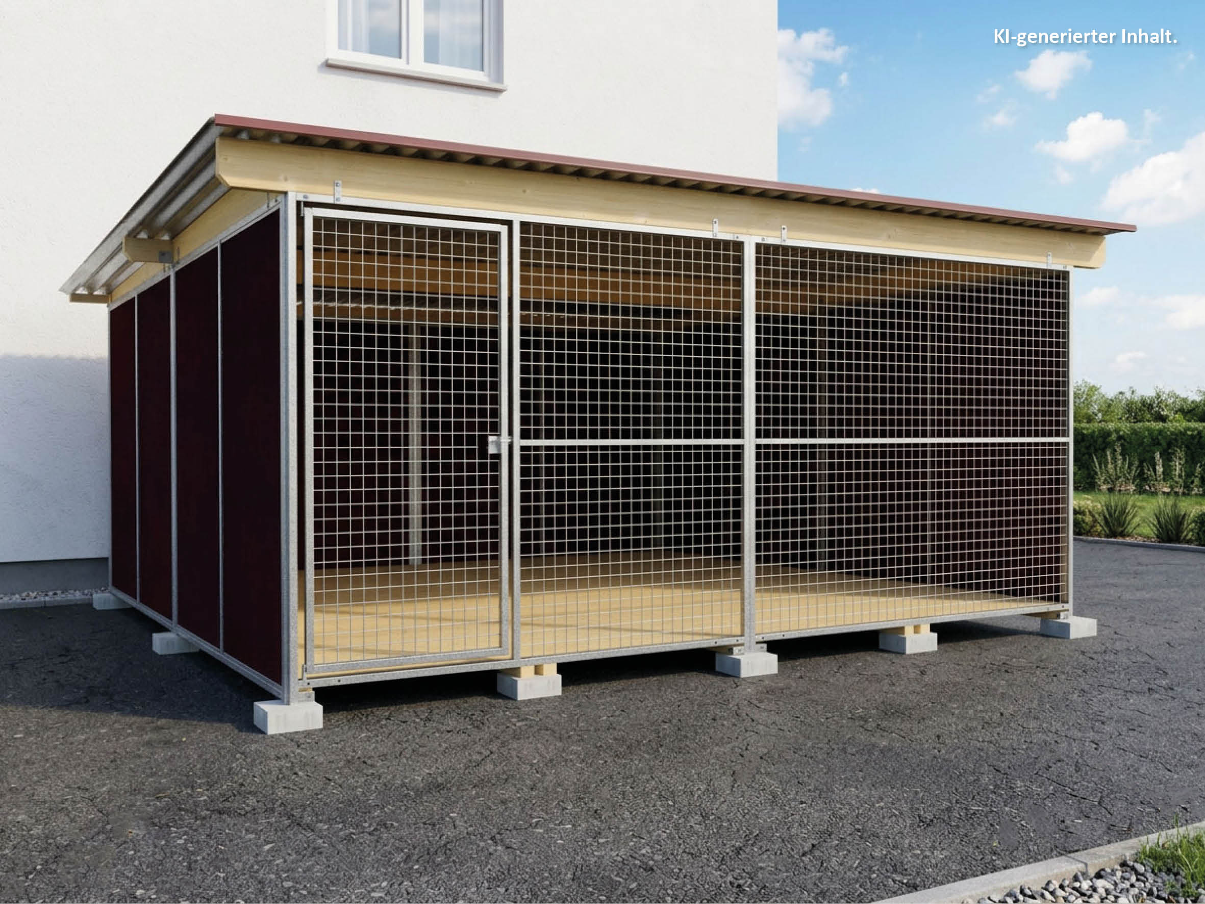 Nato-Hundezwinger Tiefbau 4 x 4 m mit Gitterfront, Dach und Holzboden