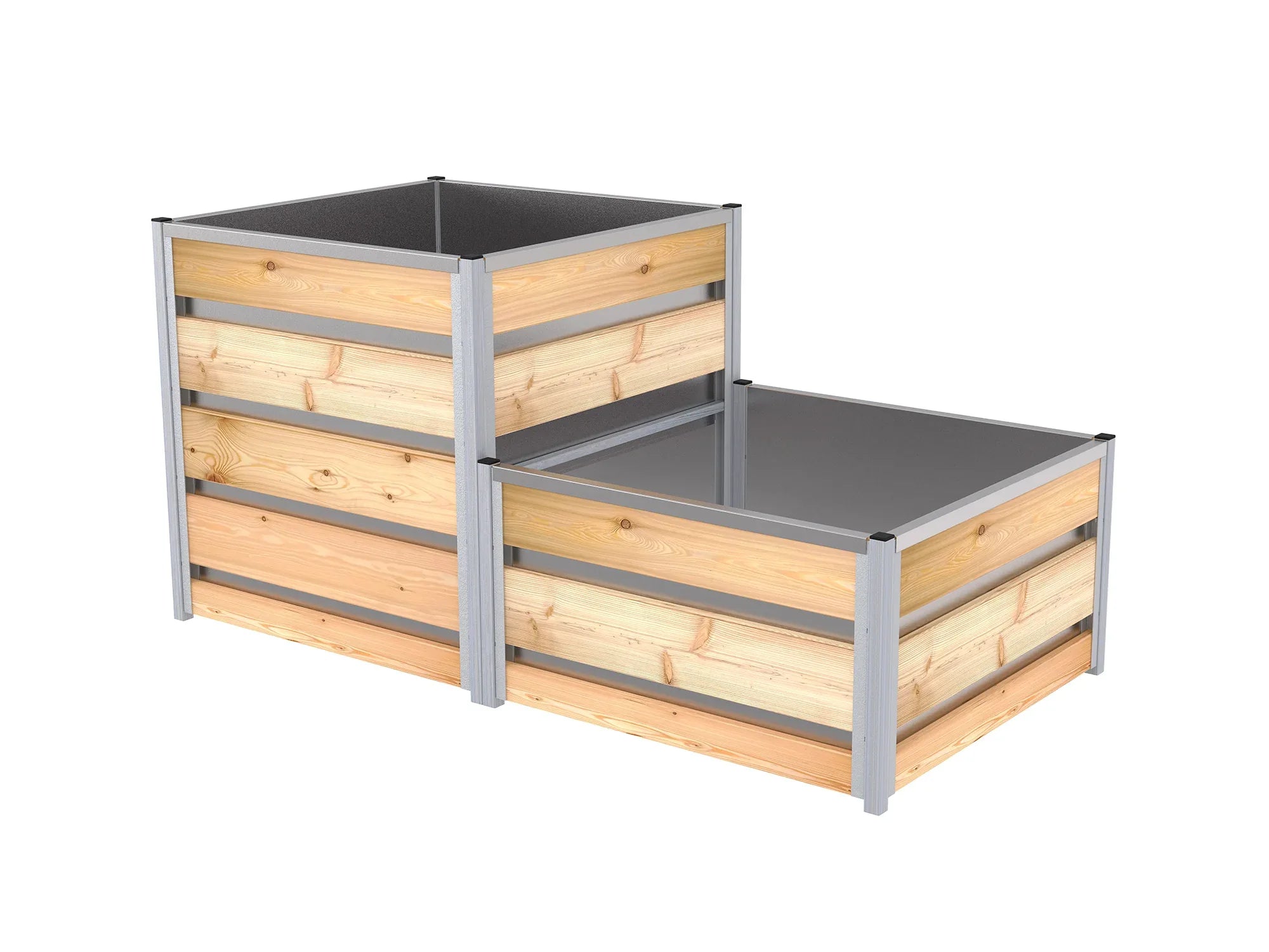 Das Stufen-Hochbeet besteht aus einer hohen und einer niedrigen Kammer und die Innenseite ist mit einem verzinktem Blech ausgekleidet