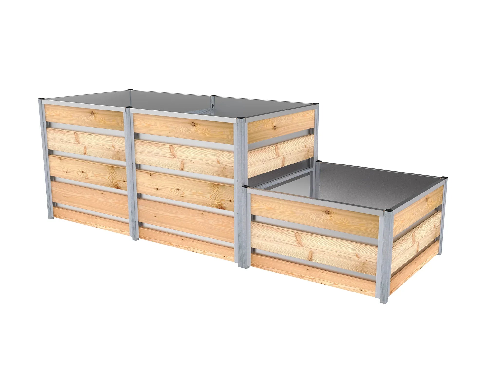 Das Stufen-Hochbeet besteht aus einer hohen und einer niedrigen Kammer und die Innenseite ist mit einem verzinktem Blech ausgekleidet. Hochbeet-Größe 0,84 m x 2,48 m