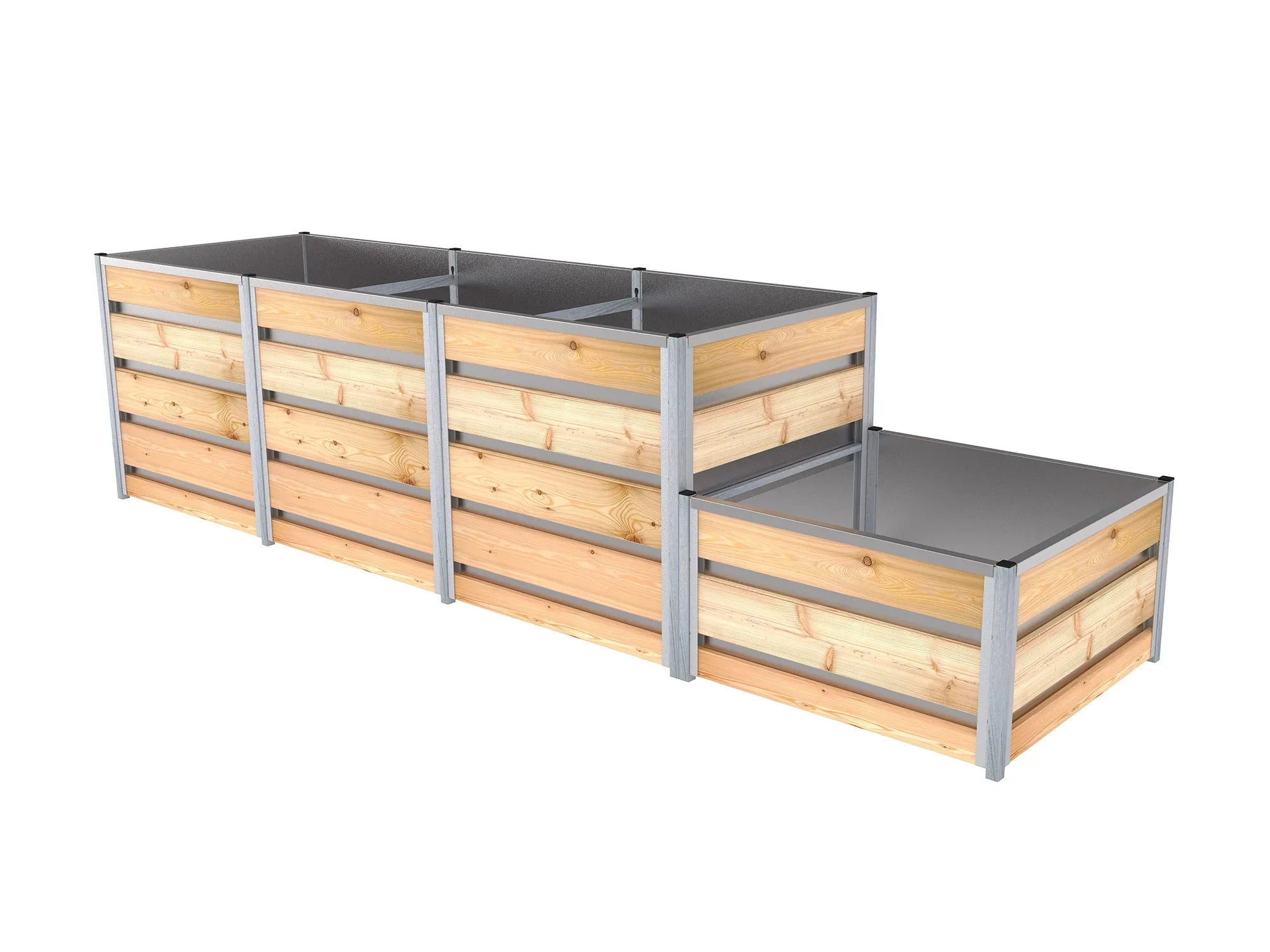 Das Stufen-Hochbeet besteht aus einer hohen und einer niedrigen Kammer und die Innenseite ist mit einem verzinktem Blech ausgekleidet. Hochbeet-Größe 0,84 m x 3,29 m