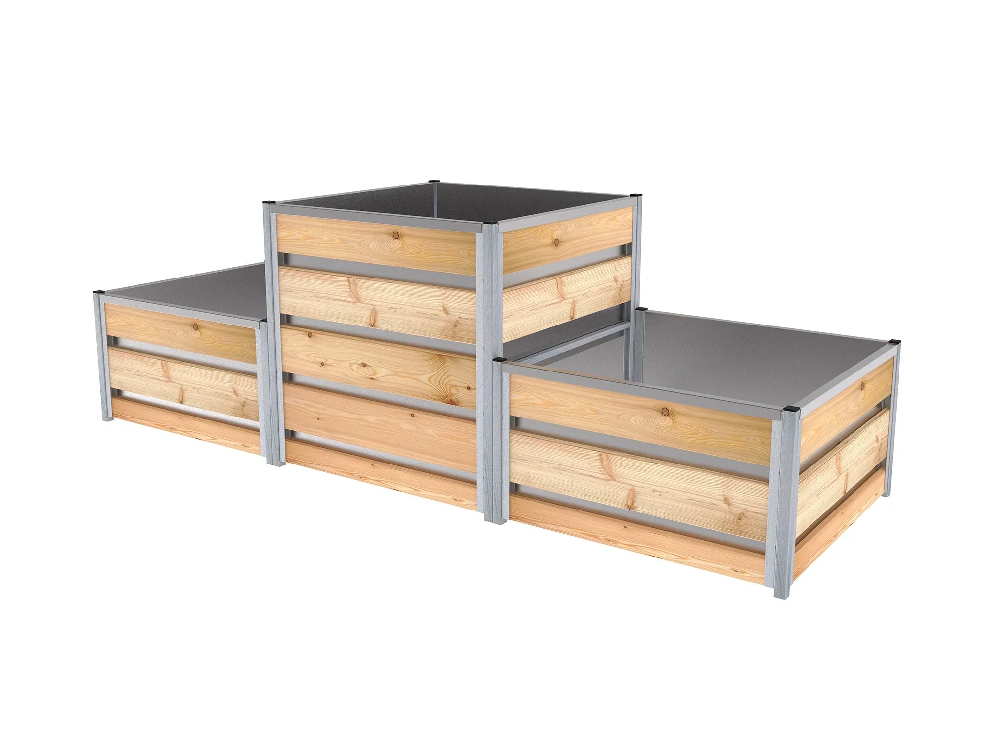 Das Stufen-Hochbeet besteht aus einer hohen, links und rechts einer niedrigen Kammer. Die Innenseite ist mit einem verzinktem Blech ausgekleidet. Hochbeet-Größe 0,84 m x 2,48 m