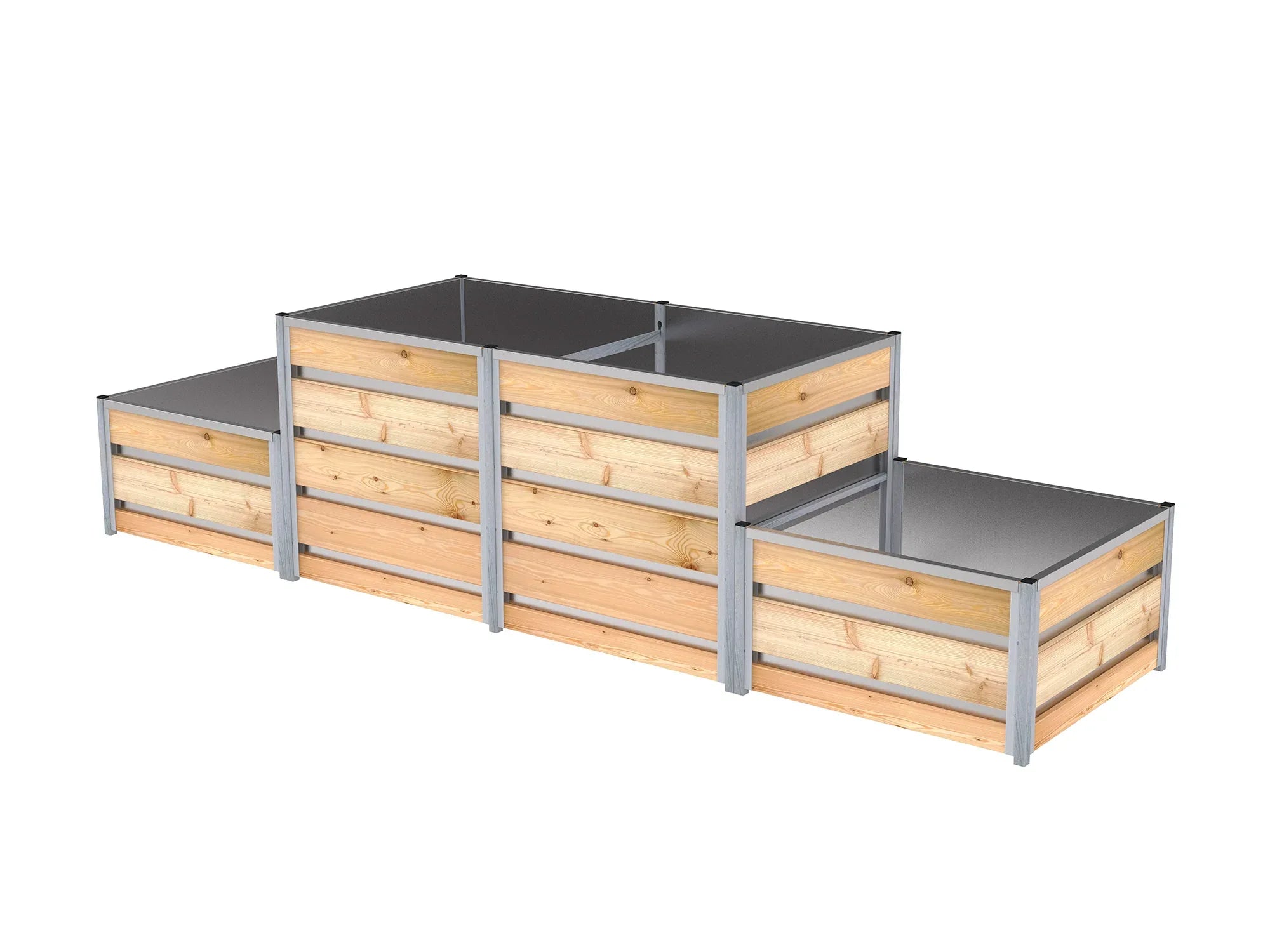 Das Stufen-Hochbeet besteht aus zwei hohen, links und rechts einer niedrigen Kammer. Die Innenseite ist mit einem verzinktem Blech ausgekleidet. Hochbeet-Größe 0,84 m x 3,29 m