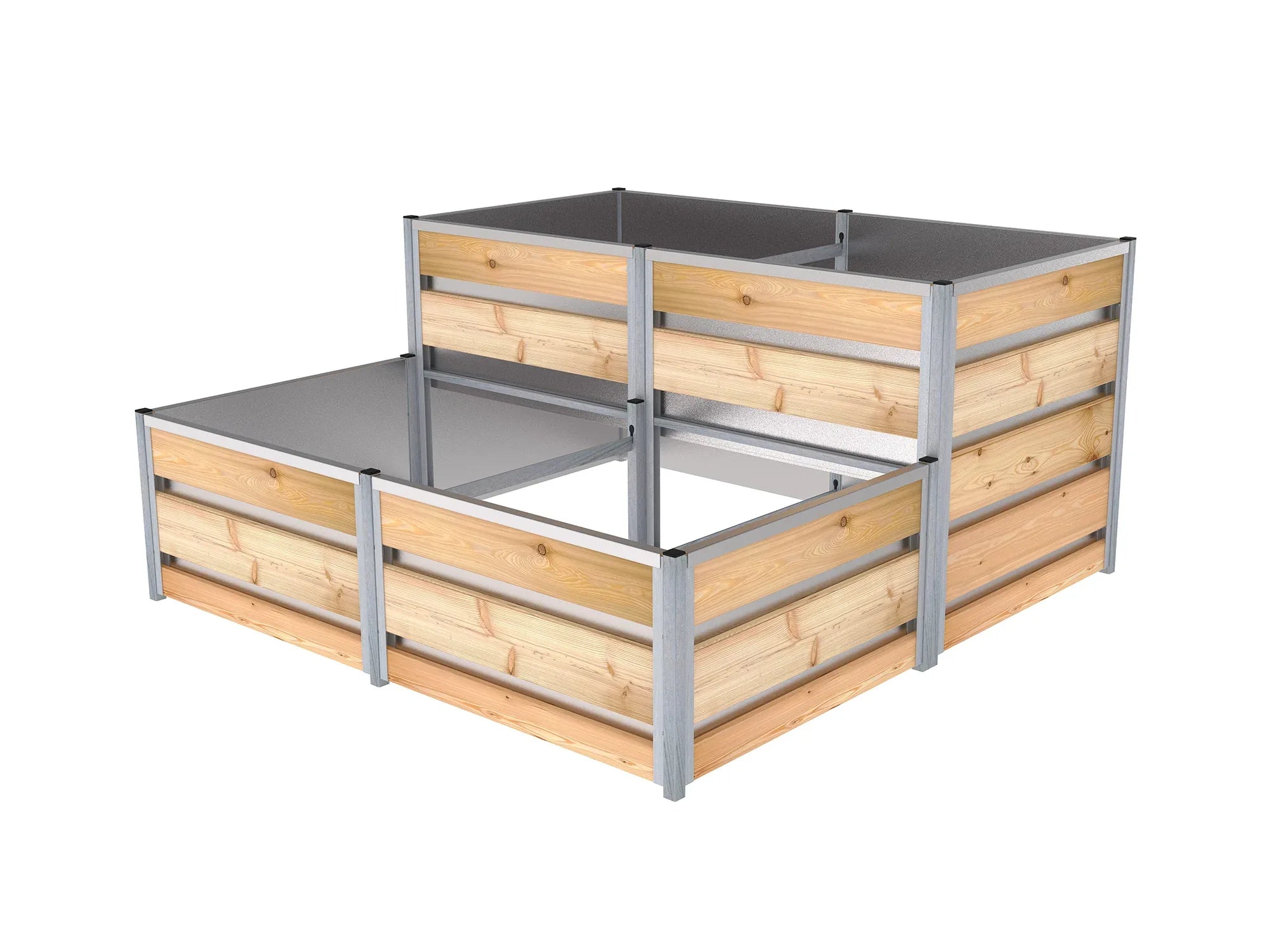 Das Stufen-Hochbeet besteht aus einer hohen und einer niedrigen Doppelkammer und die Innenseite ist mit einem verzinktem Blech ausgekleidet. Hochbeet-Größe 1,66 m x 1,66 m