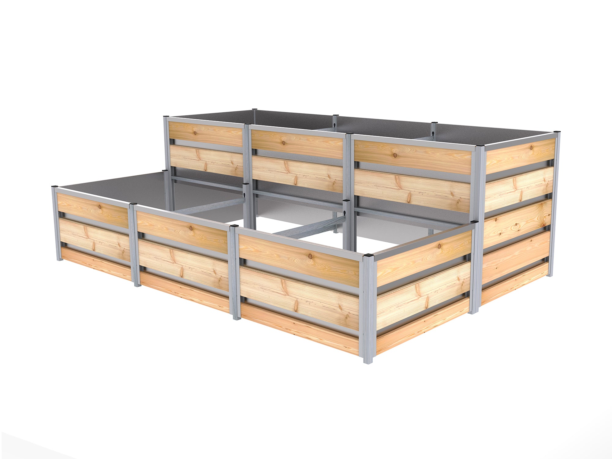 Das Stufen-Hochbeet besteht aus einer hohen und einer niedrigen Dreifachkammer. Die Innenseite ist mit einem verzinktem Blech ausgekleidet. Hochbeet-Größe 1,66 m x 2,48 m