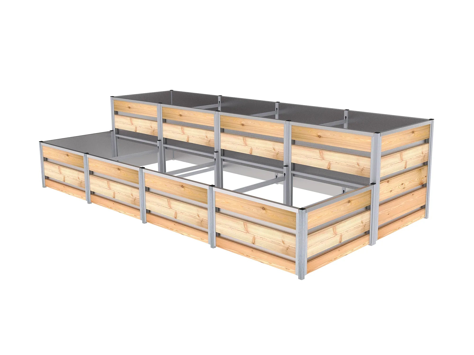 Das Stufen-Hochbeet besteht aus einer hohen und einer niedrigen Vierfachkammer. Die Innenseite ist mit einem verzinktem Blech ausgekleidet. Hochbeet-Größe 1,66 m x 3,29 m