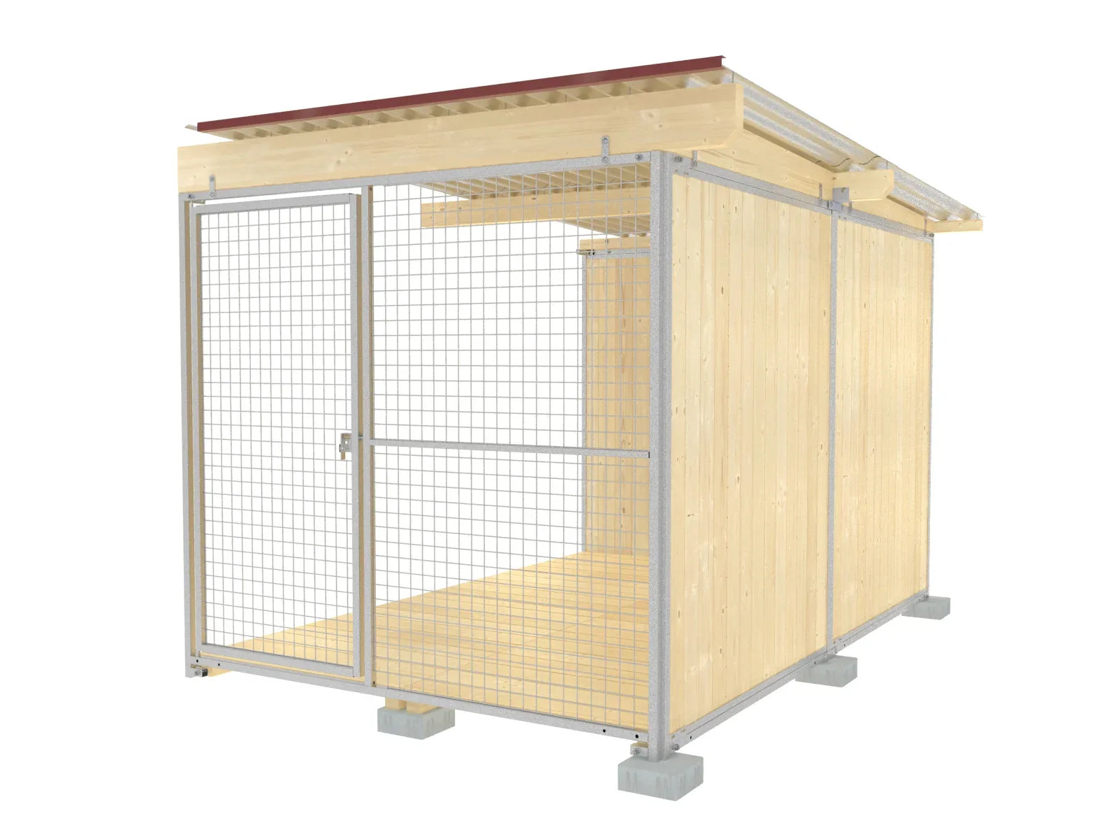 Hundezwinger-Abteil mit einer Gittertüre, Blechdach und Holzboden