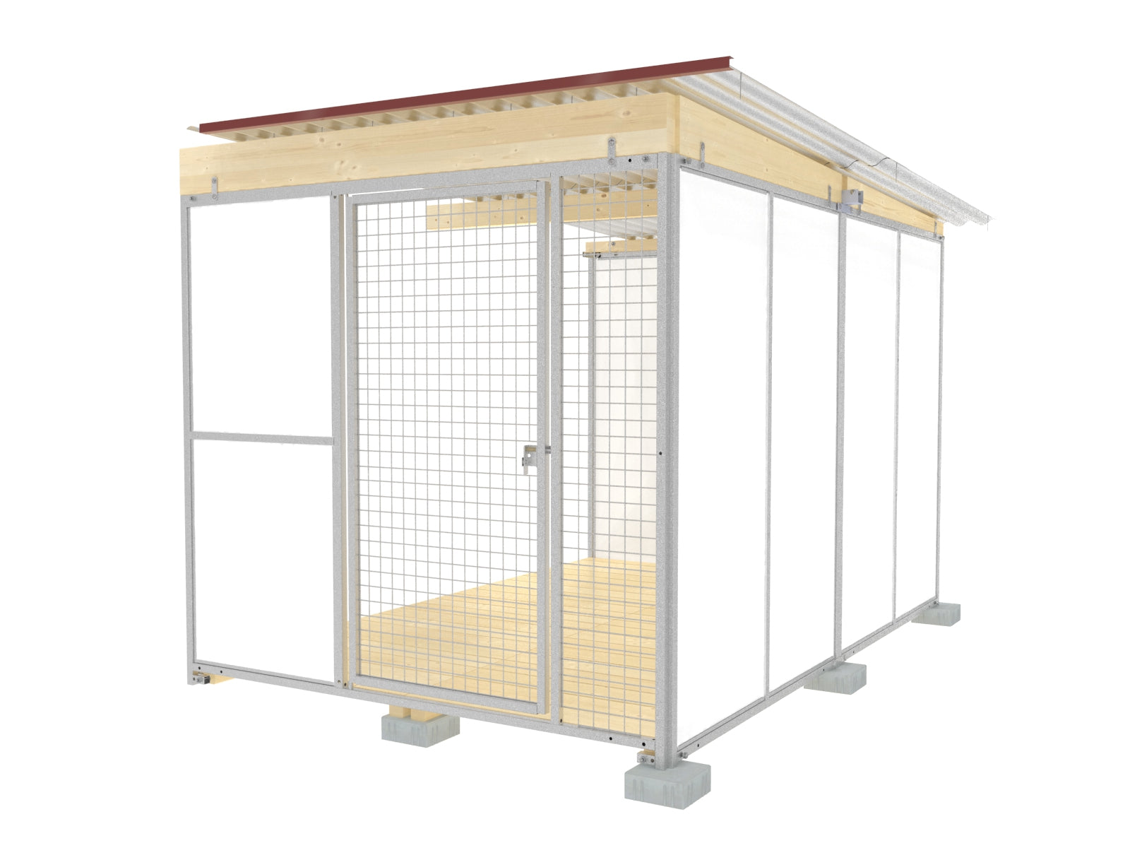 Hundezwinger-Abteil mit Wellblechdach und Fundamentsteinen