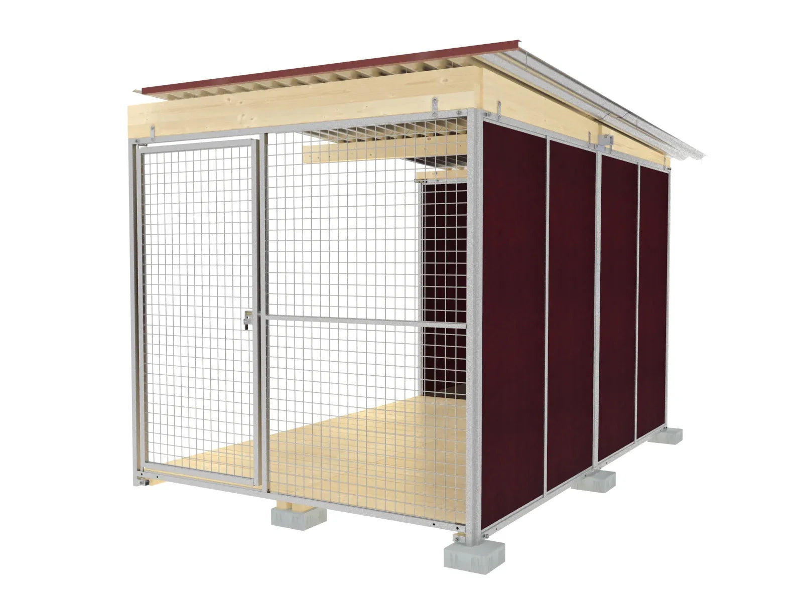 Hundezwinger mit Dach und langlebigen Holzplatten eingefasst in Stahlrahmen