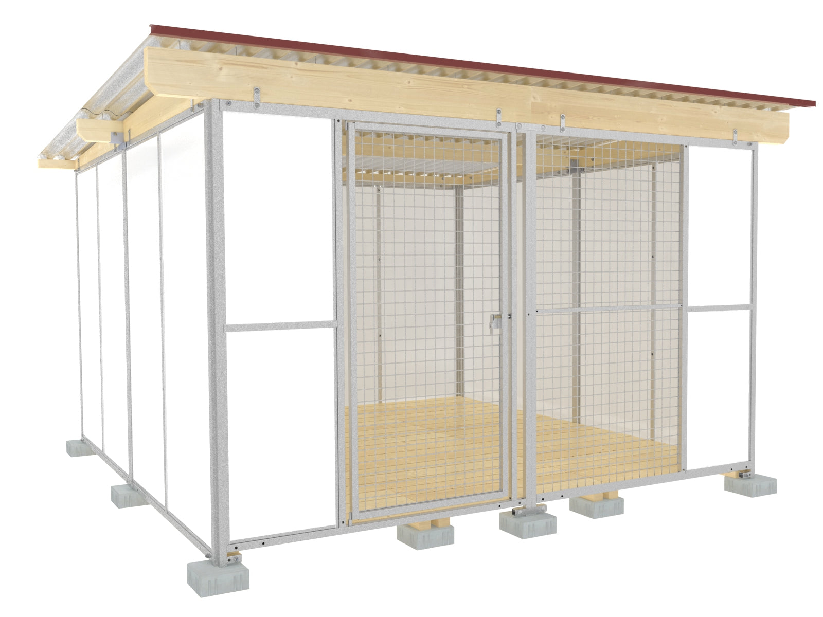 Europa-Hundezwinger Tiefbau Vollschutz 3 x 3 m einmal unterteilt mit zwei Türen, mit Gitterfront, Dach und Holzboden