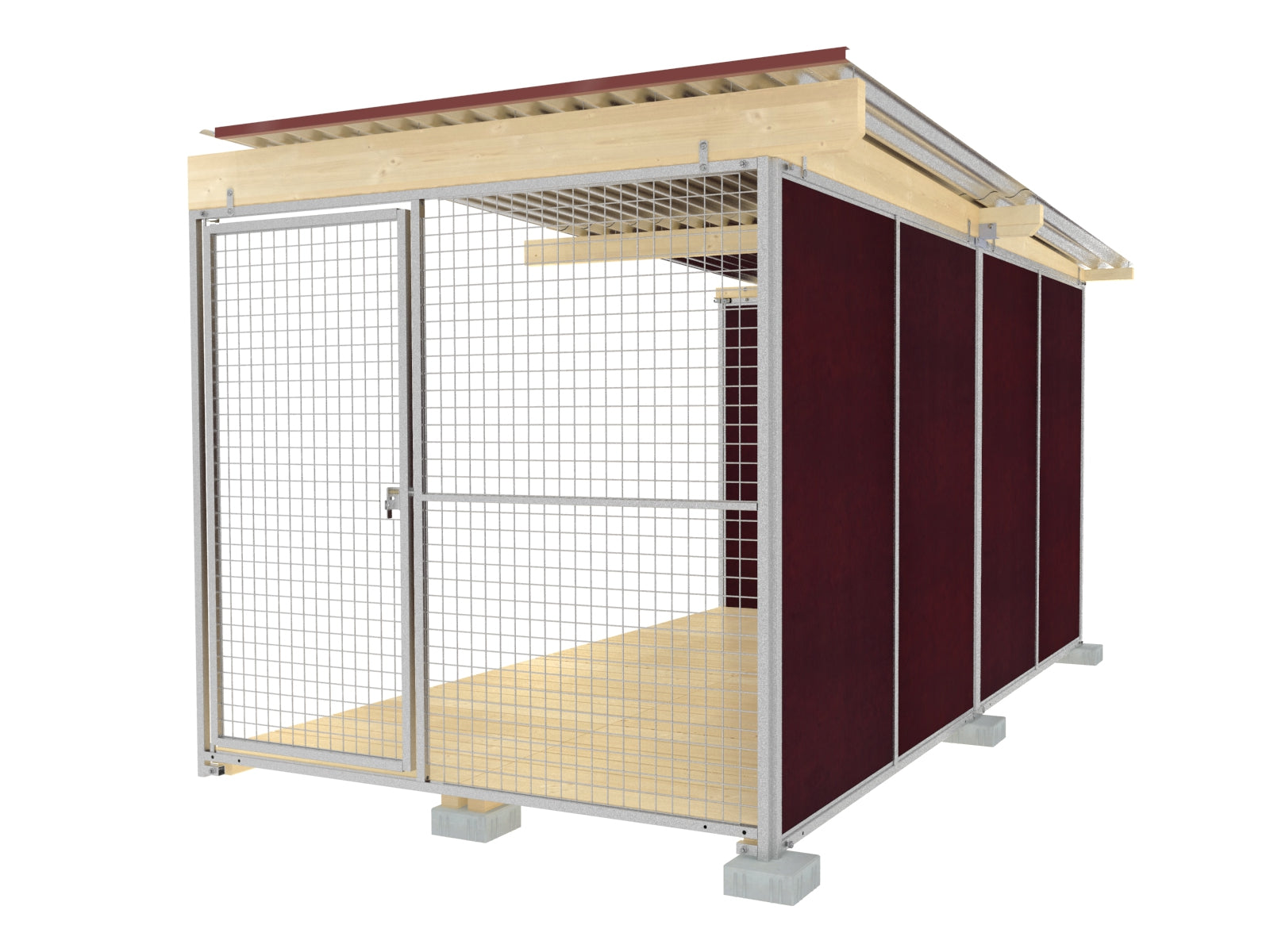 Hundezwinger mit verzinkten Elementen und Dachbalken aus Fichtenholz