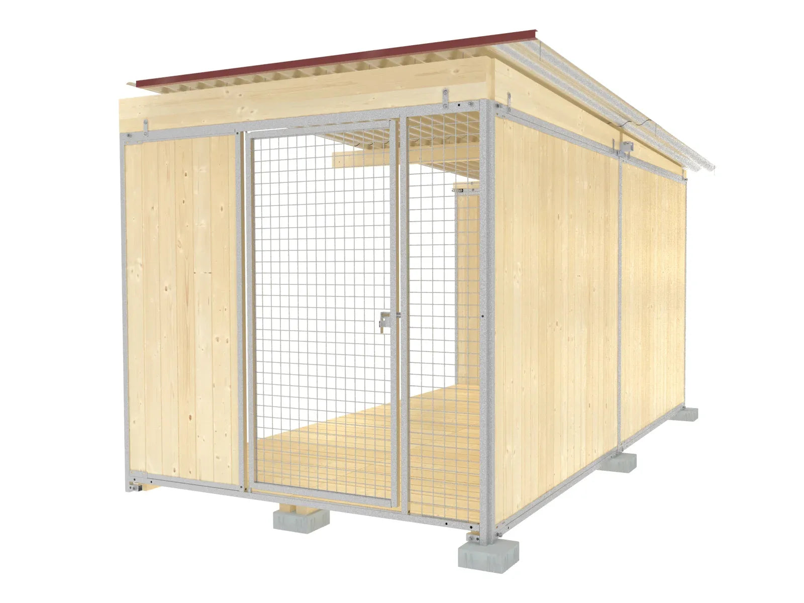 Hundezwinger-Abteil mit einer Gittertüre, Blechdach und Holzboden