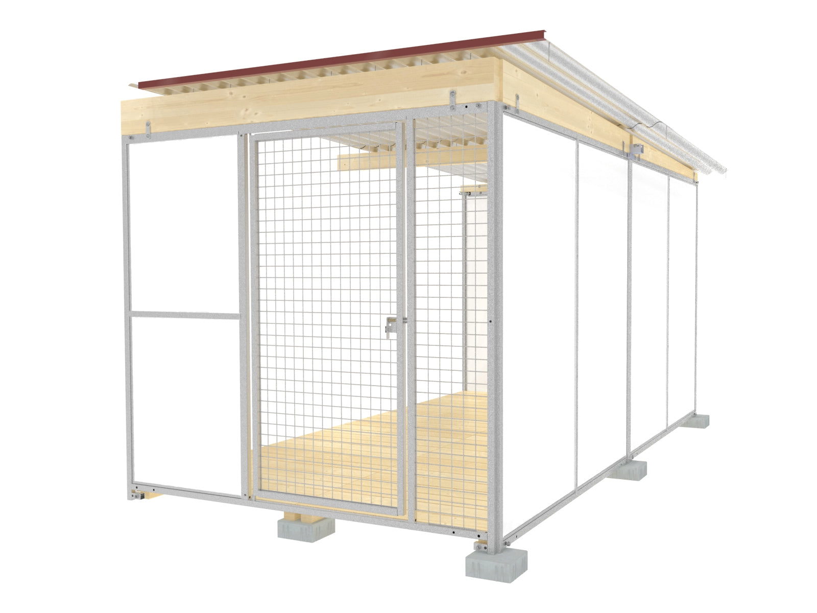 Hundezwinger-Abteil mit Wellblechdach und Fundamentsteinen