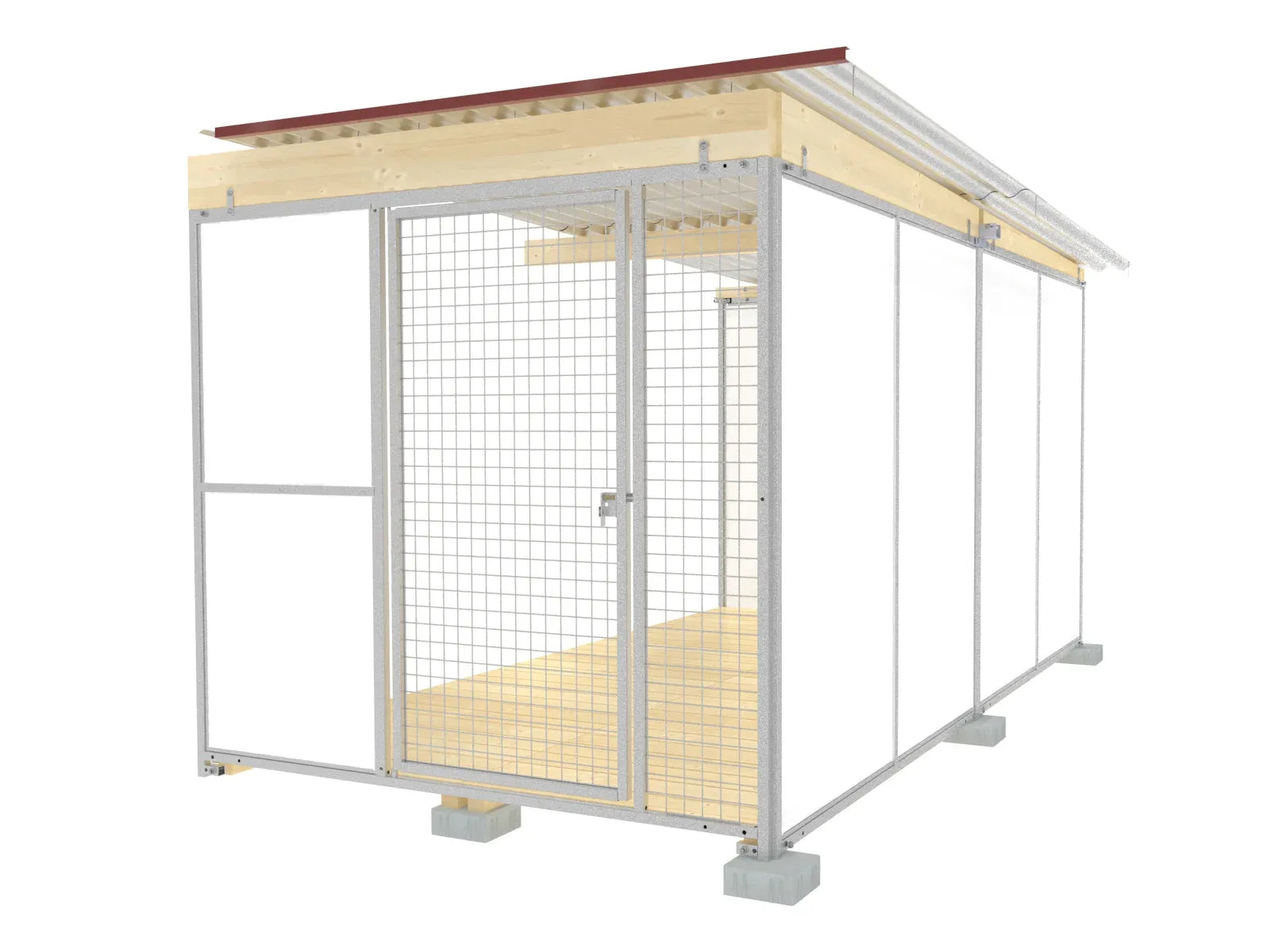 Hundezwinger-Abteil mit Wellblechdach und Fundamentsteinen