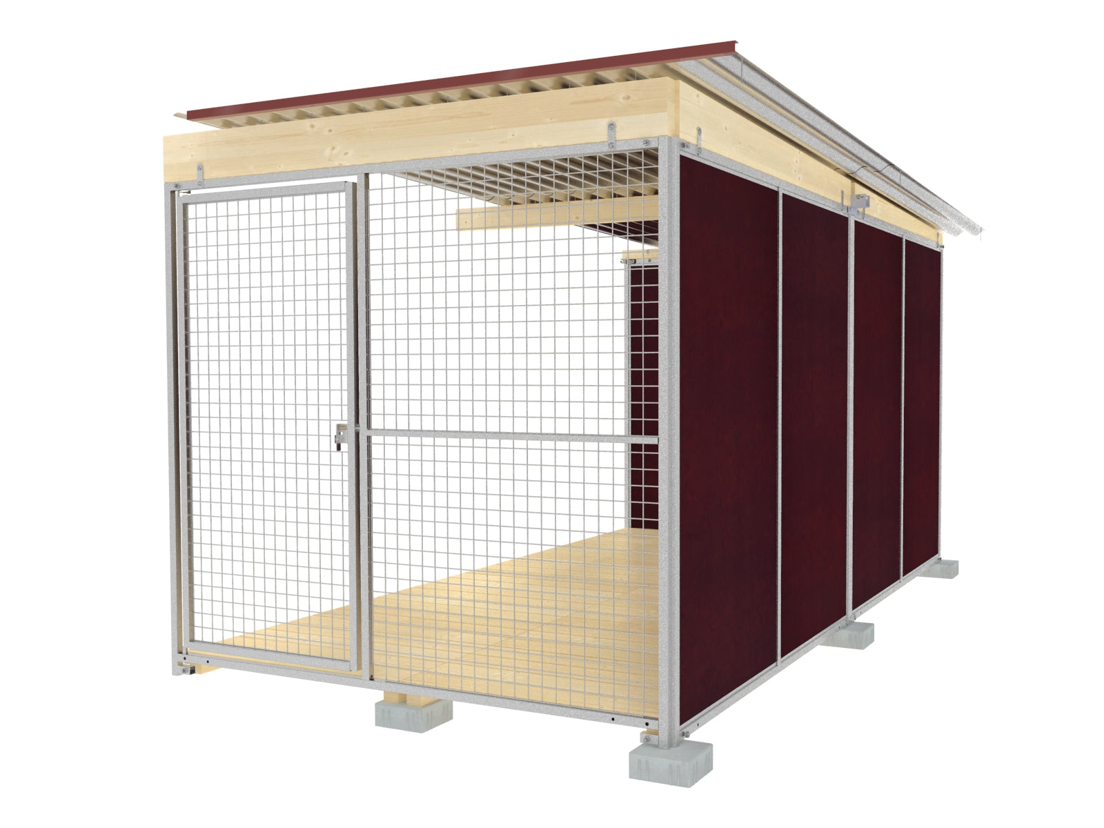 Hundezwinger mit Dach und langlebigen Holzplatten eingefasst in Stahlrahmen