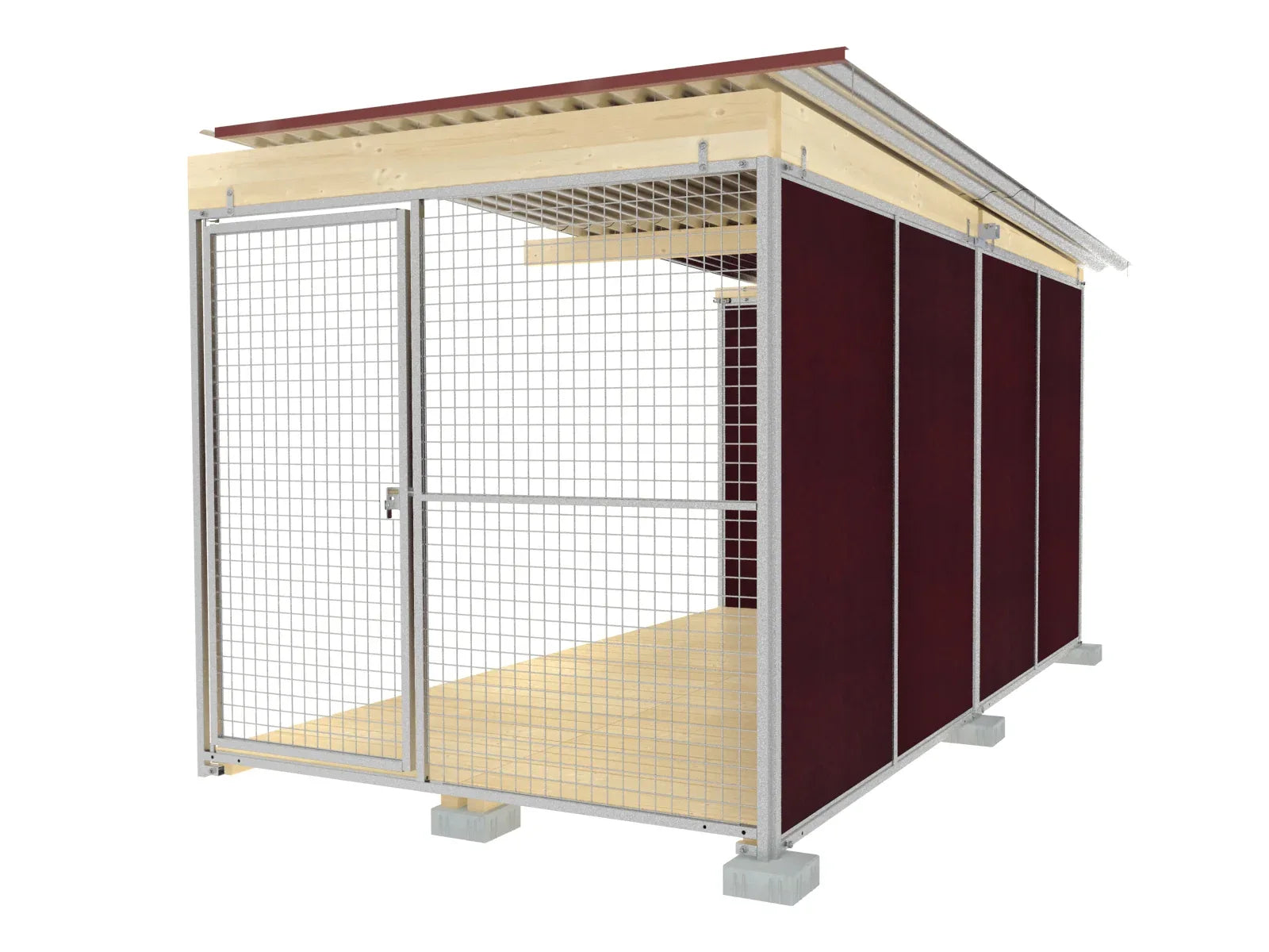Hundezwinger mit Dach und langlebigen Holzplatten eingefasst in Stahlrahmen