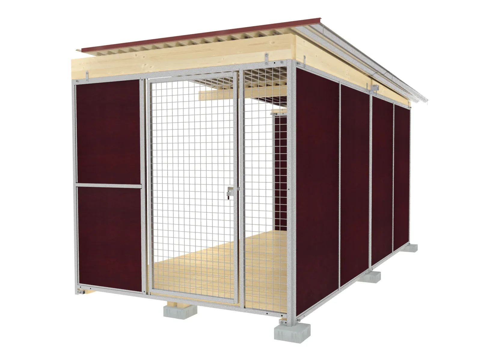 Hundezwinger zum anbauen mit Holzboden aufgestellt auf Fundamentsteinen