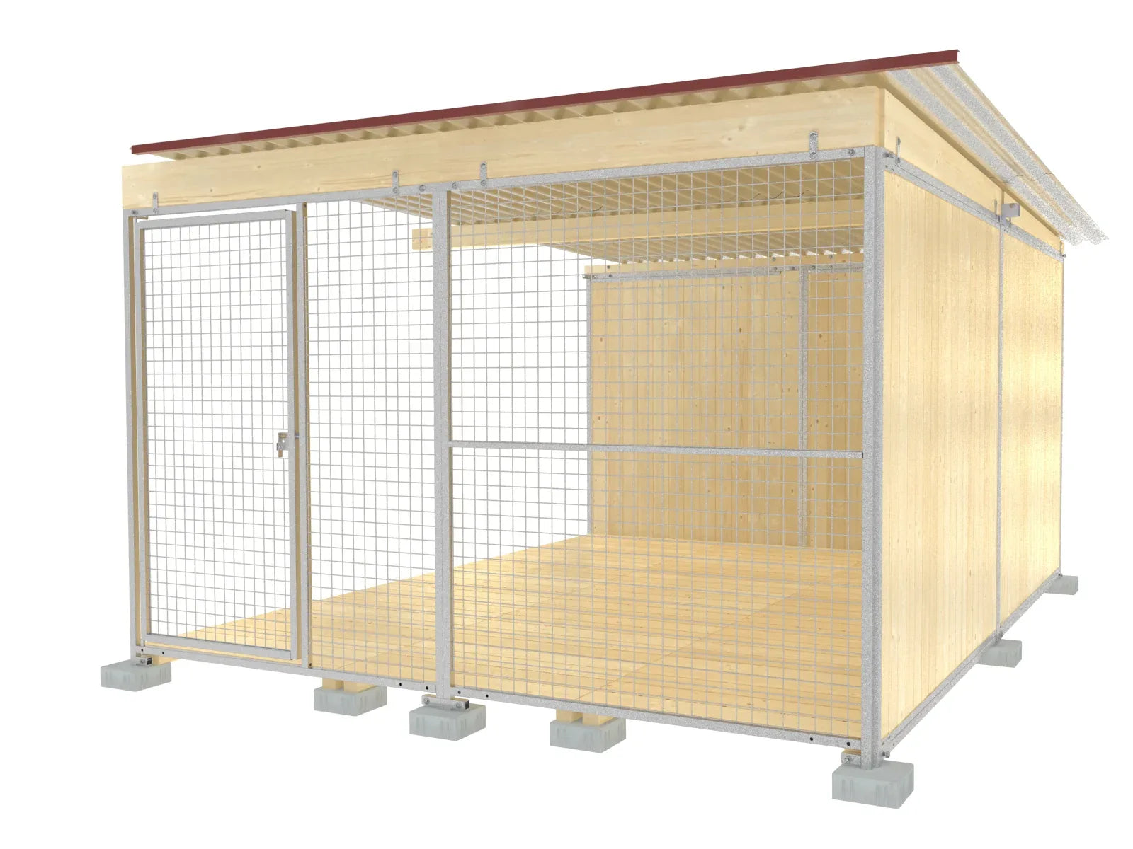 Hundezwinger zum Anbauen bestehend aus Holzwänden, Holzböden und einem Dach aus Wellblechtafeln