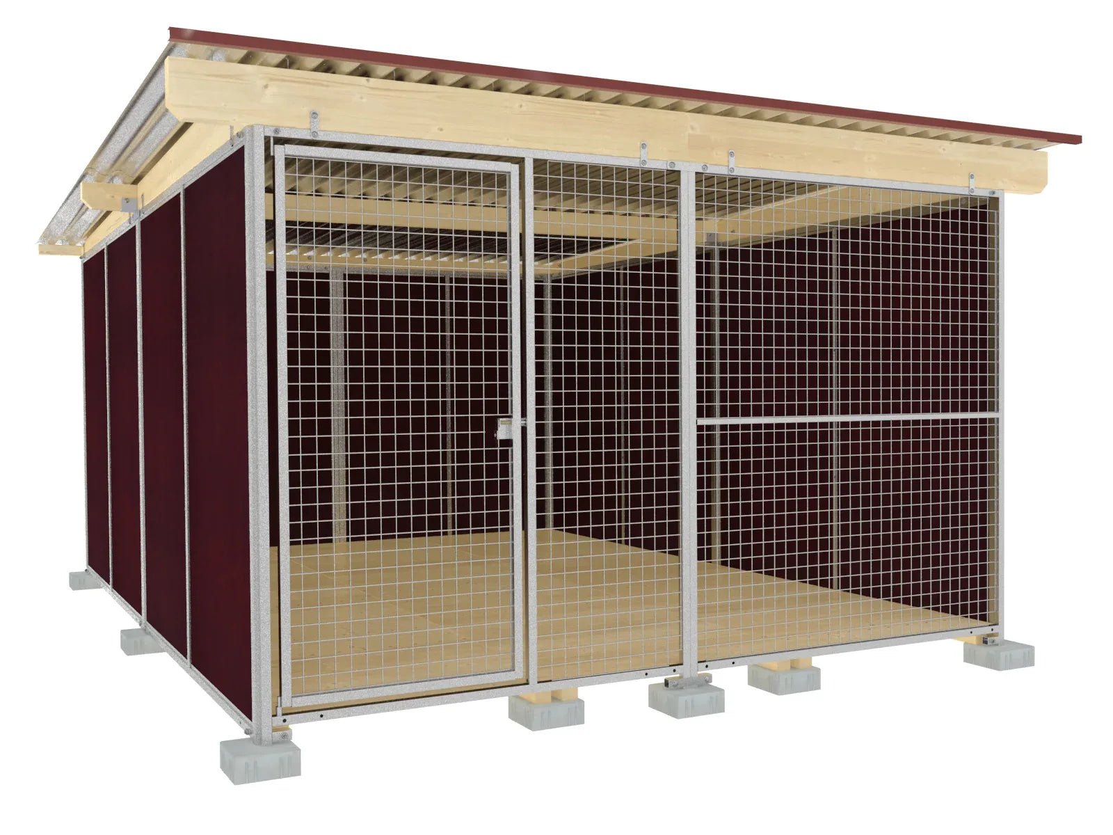 Großer Hundezwinger mit Wänden aus braunen Mehrschichtplatten mit glatter Oberfläche