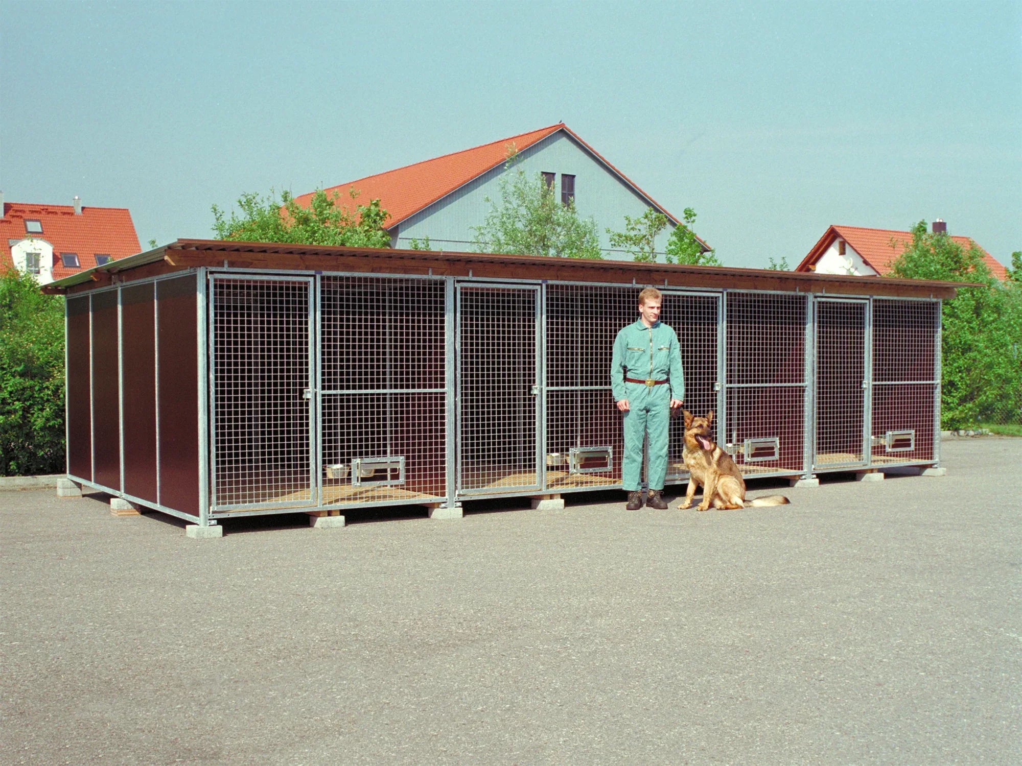 Hundezwingeranlage mit vier Abteile und einem sitzendem Hund vor dem Zwinger