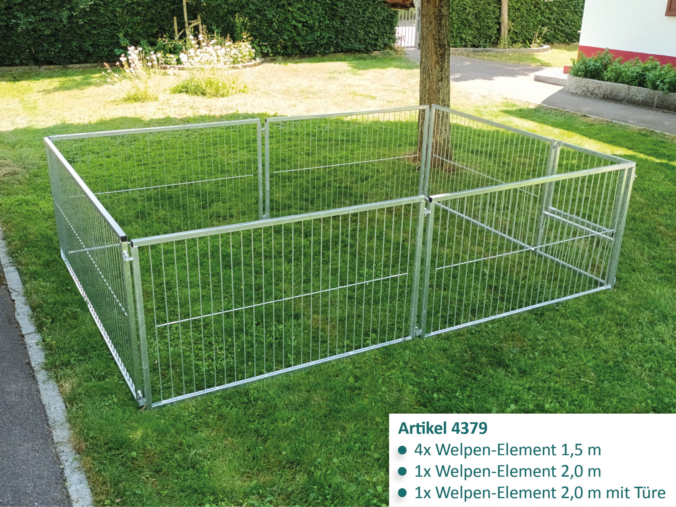 Robuster Welpenauslauf mit Elementen aus 4-Kantrohren und Stabmatte