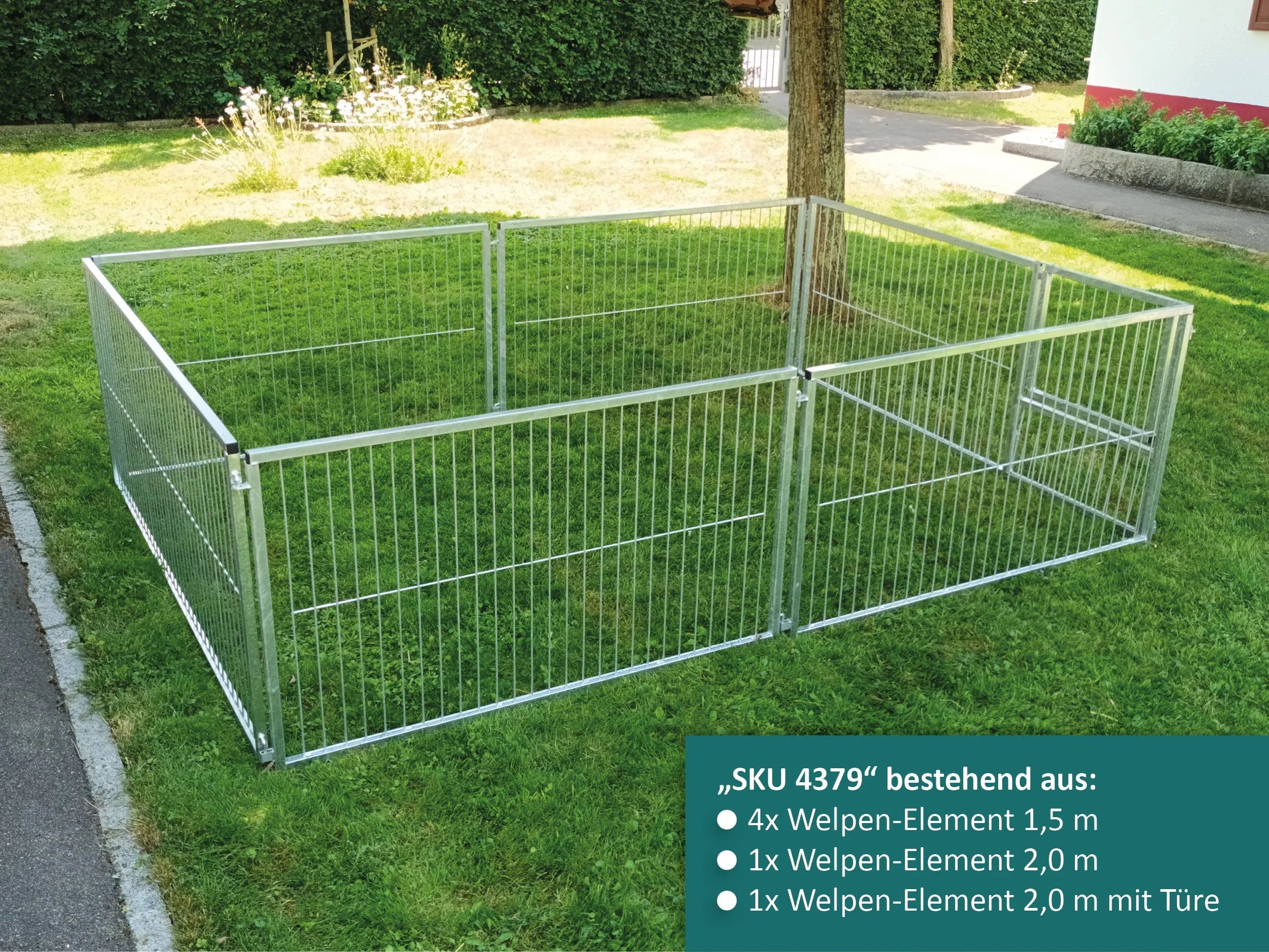 Robuster Welpenauslauf mit Elementen aus 4-Kantrohren und Stabmatte