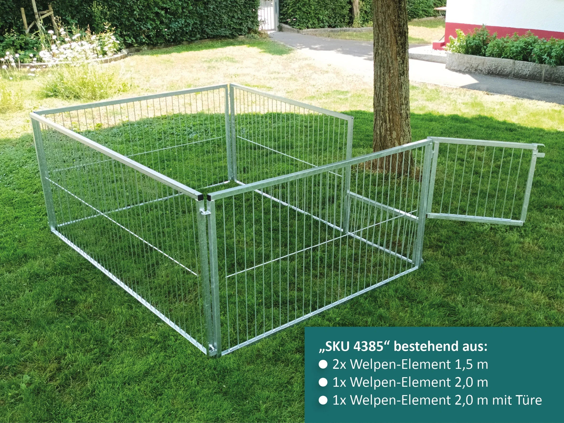 Robuster Welpenauslauf mit Elementen aus 4-Kantrohren und Stabmatte