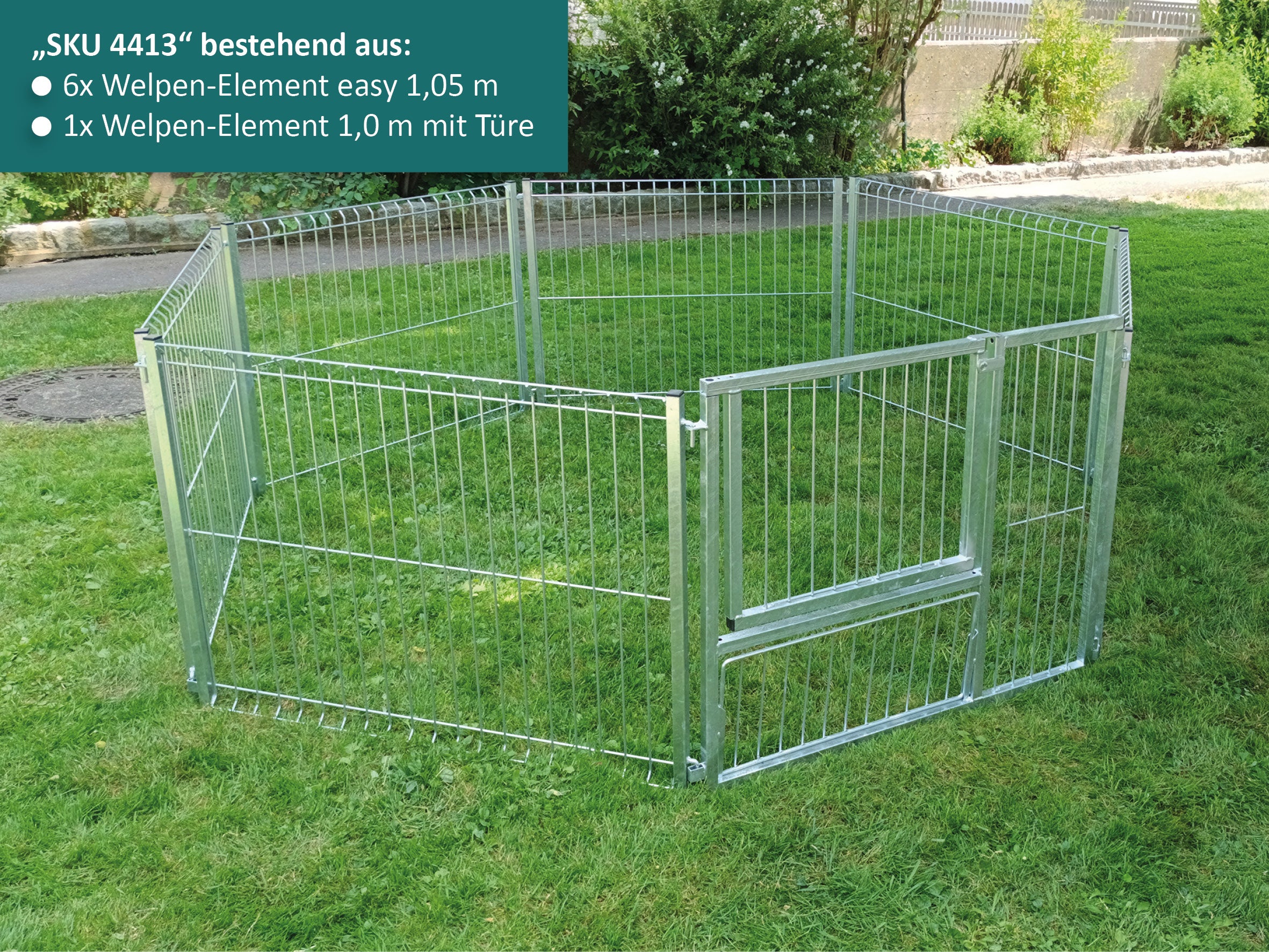 Korrosionsbeständiger Welpenauslauf aufgestellt im Garten