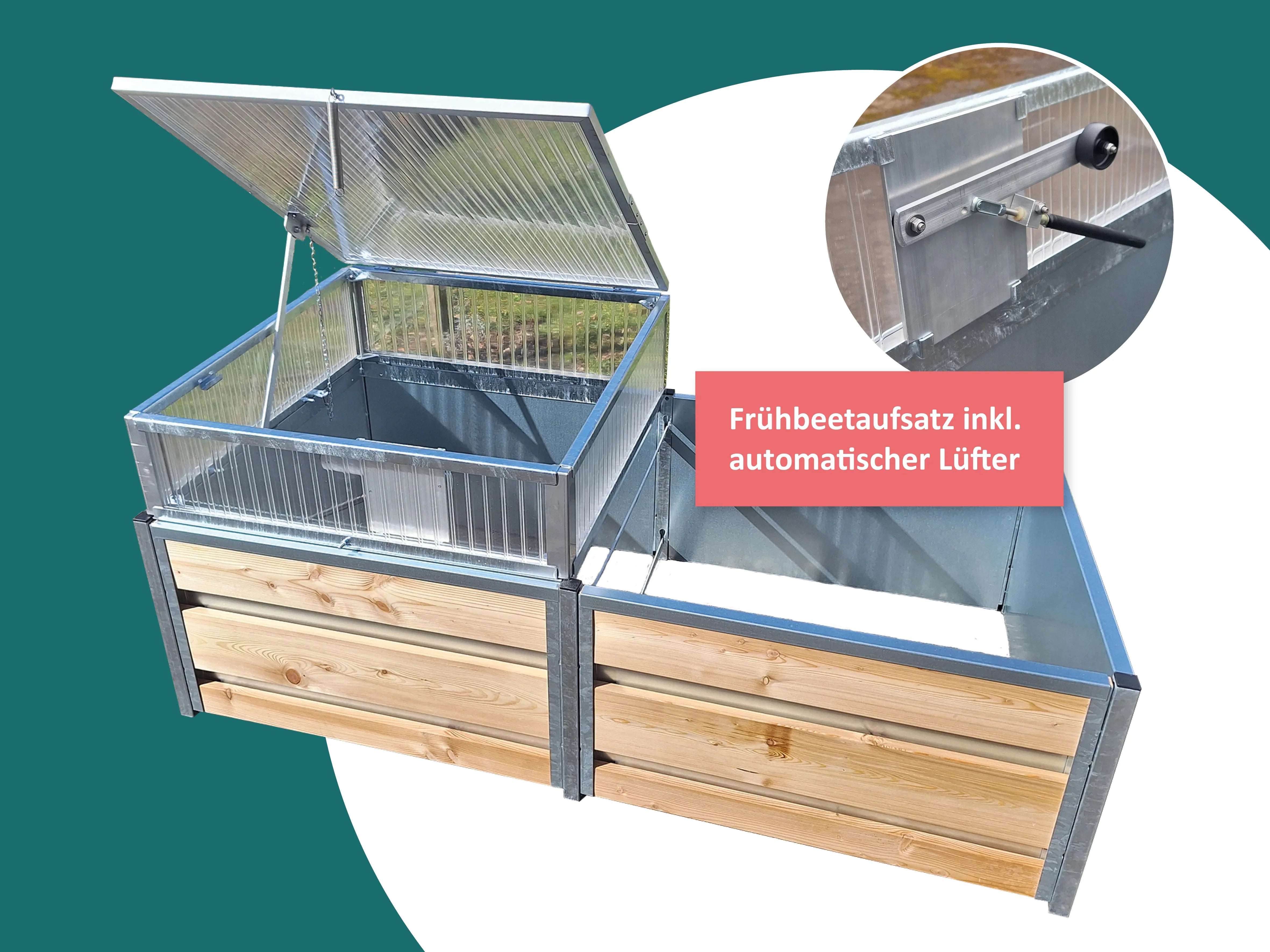 Frühbeet mit automatischem Lüfter aufgestellt in einem Hochbeet