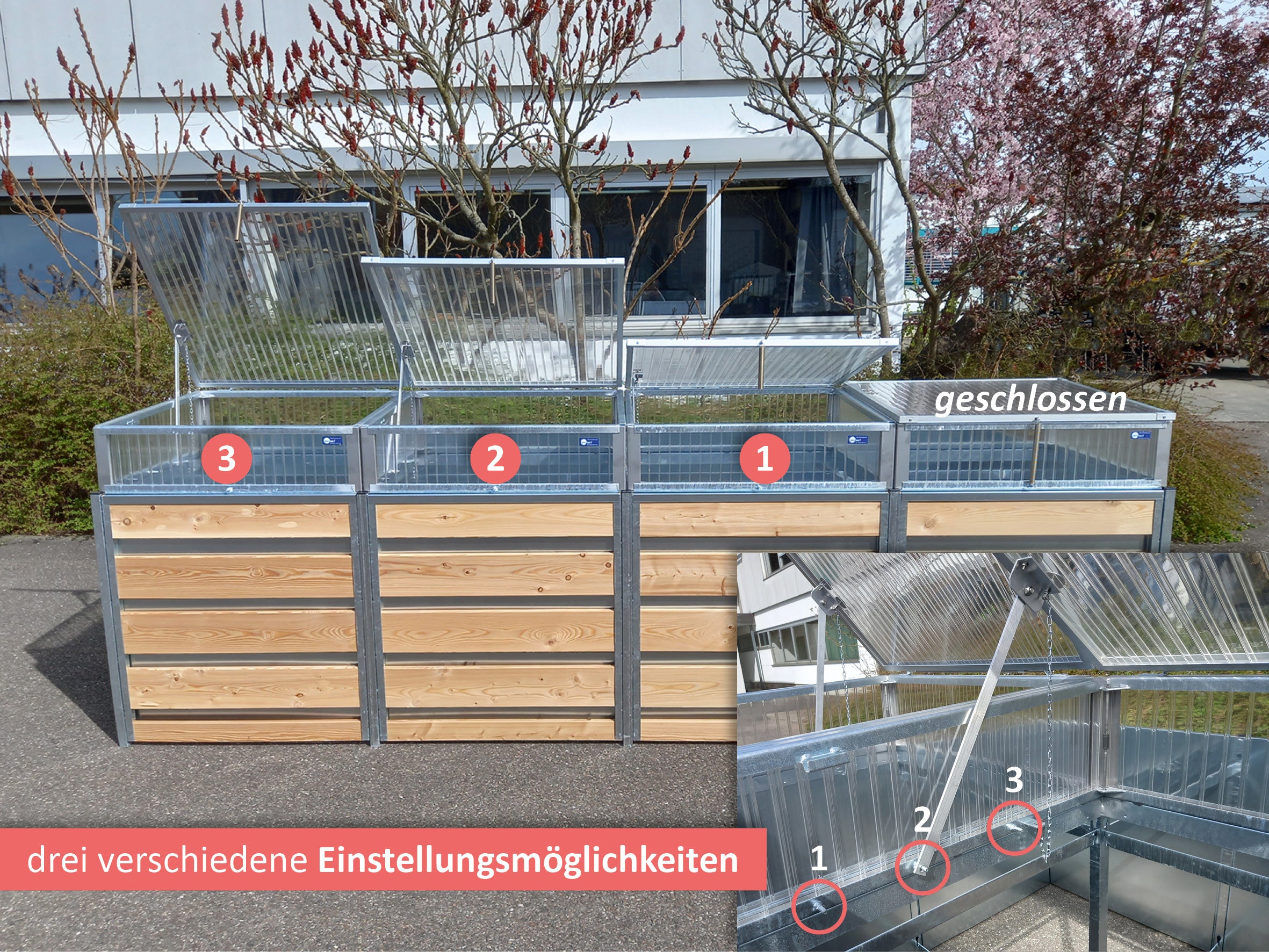 Frühbeetaufsatz mit drei verschiedenen Einstellungsmöglichkeiten für die individuelle Belüftung