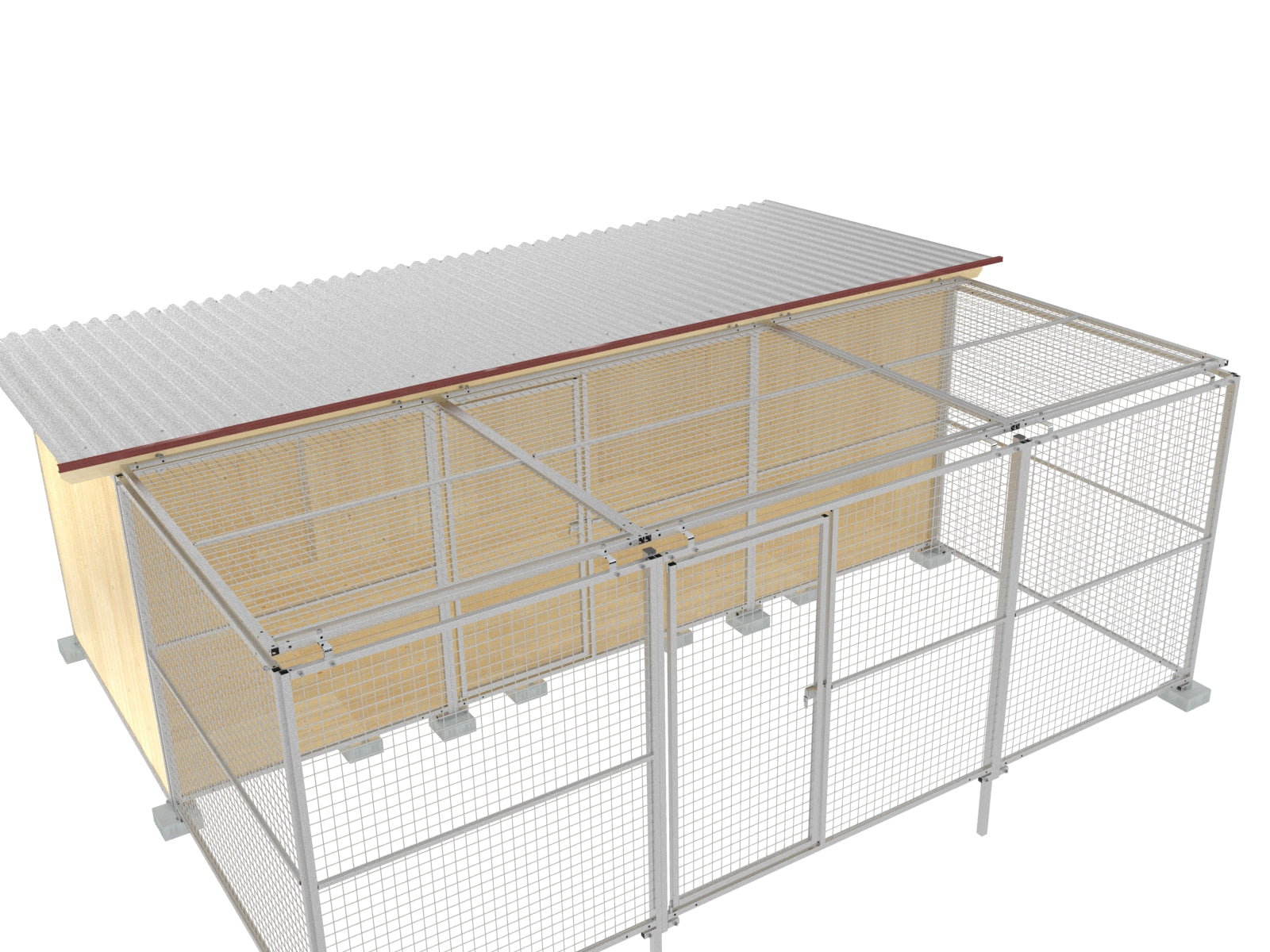Hundezwinger aus Holz und Auslauf mit Zaunpfosten aus Stahl
