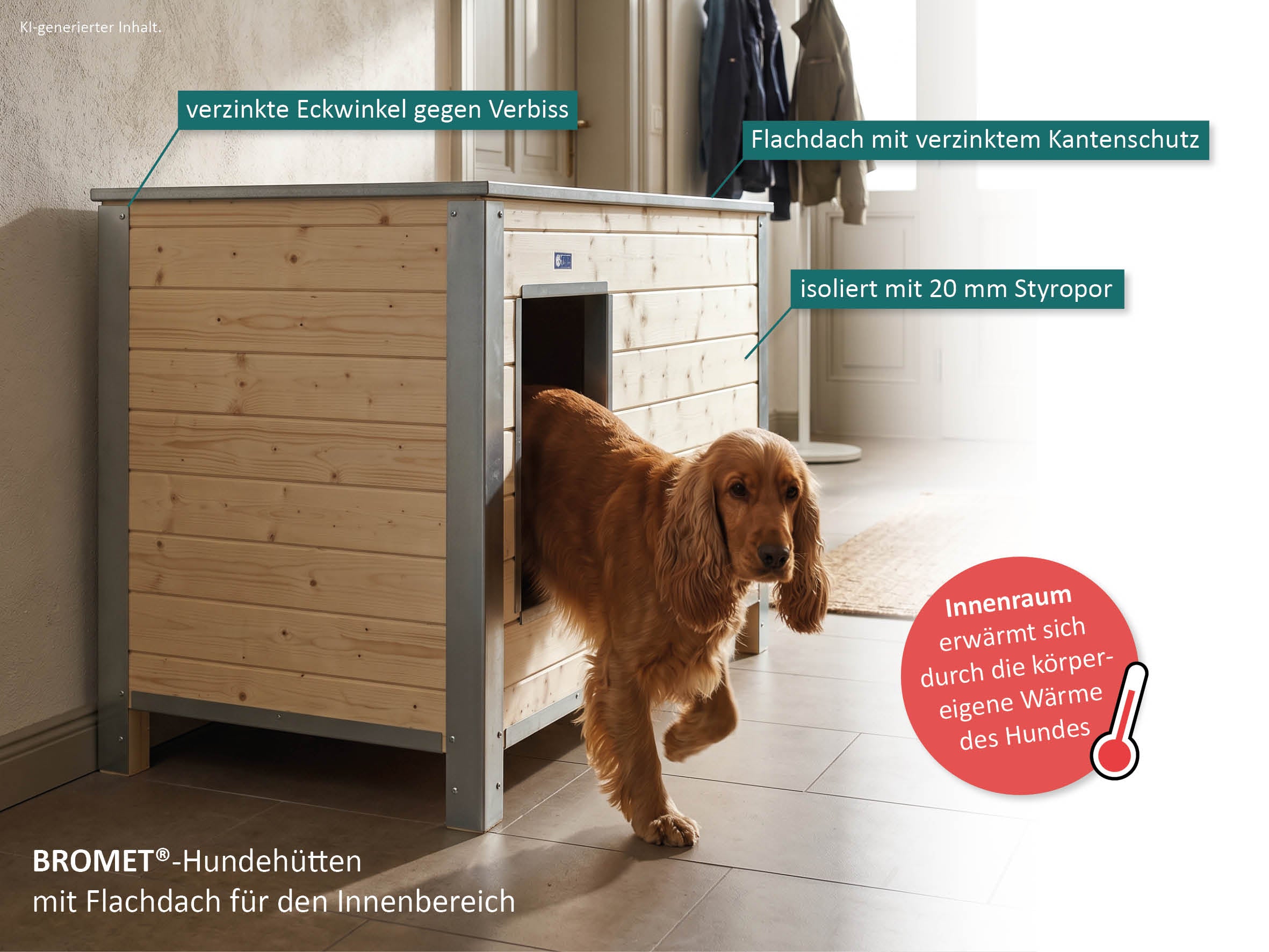 Hundehütte für drinnen mit Isolierung und Kantenschutz.