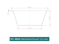 Zeichnung einer Edelstahlschüssel Fassungsvermögen 2 Liter