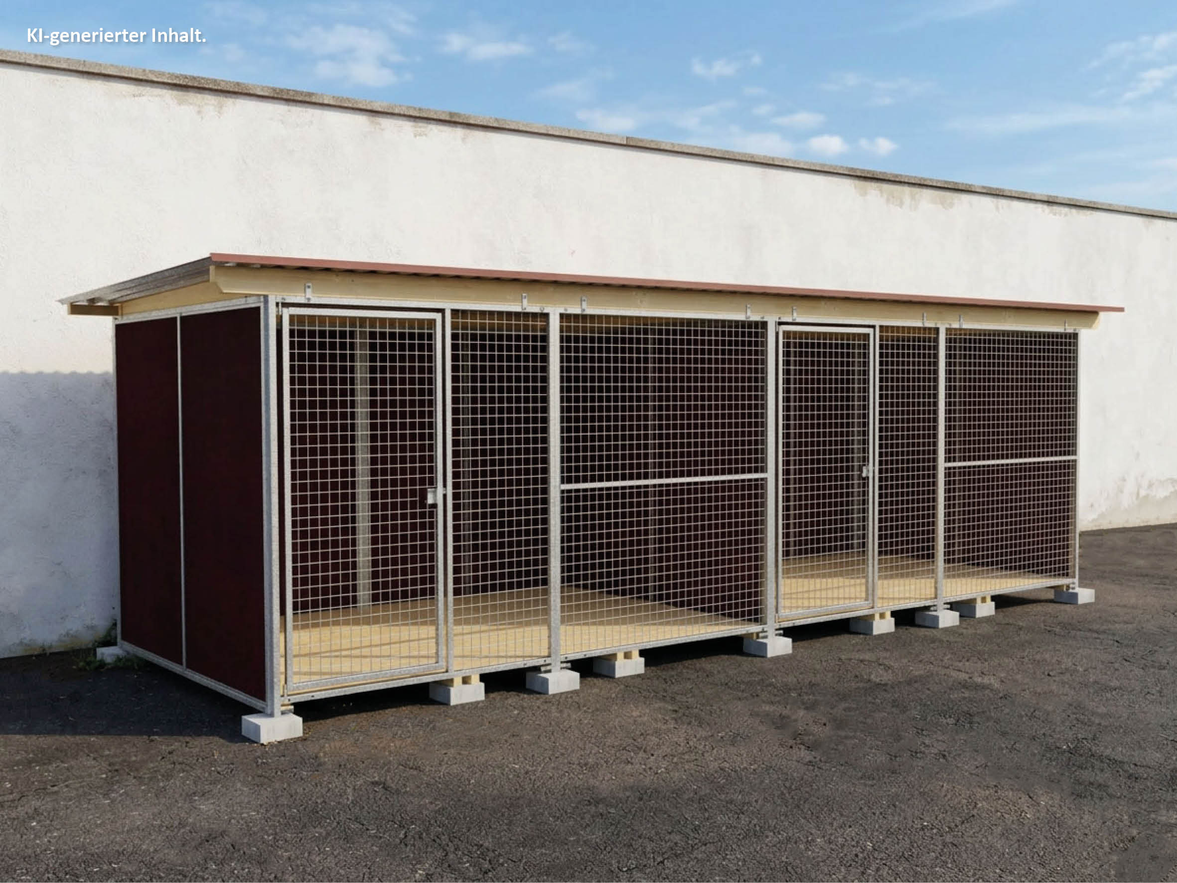Nato-Hundezwinger 2 x 6 m einmal unterteilt mit zwei Türen, Gitterfront, Dach und Holzboden