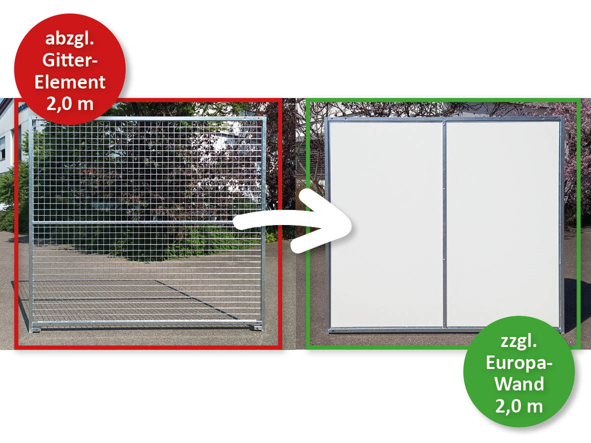 Gitterelement aus verzinktem Stahl und weiße Sichtschutzwand frei stehend vor einer Hecke.