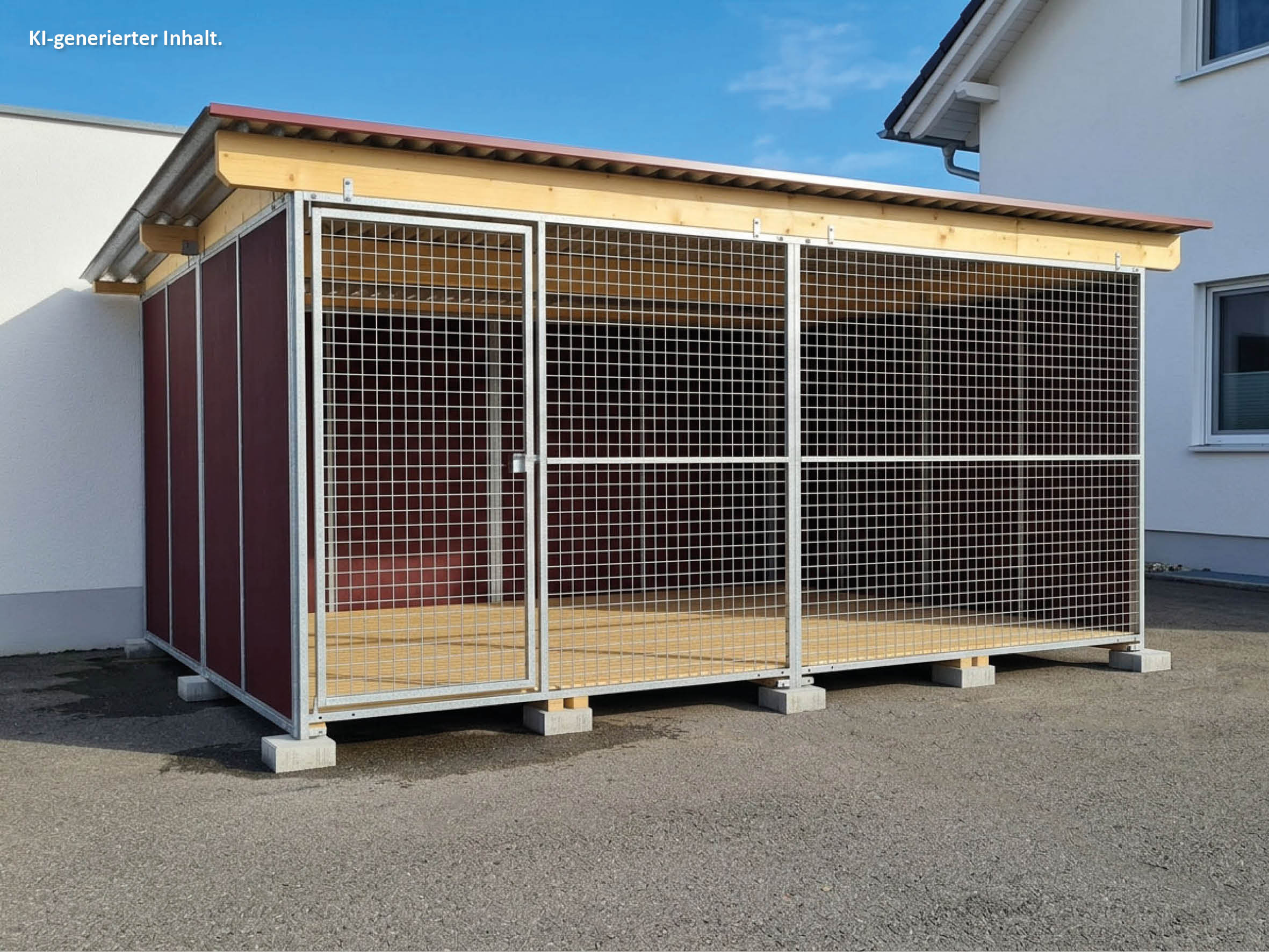 Hochwertiger Hundezwinger mit einer Gitterfront und Seitenwänden aus robusten braunen Mehrschichtplatten stehend im Hof