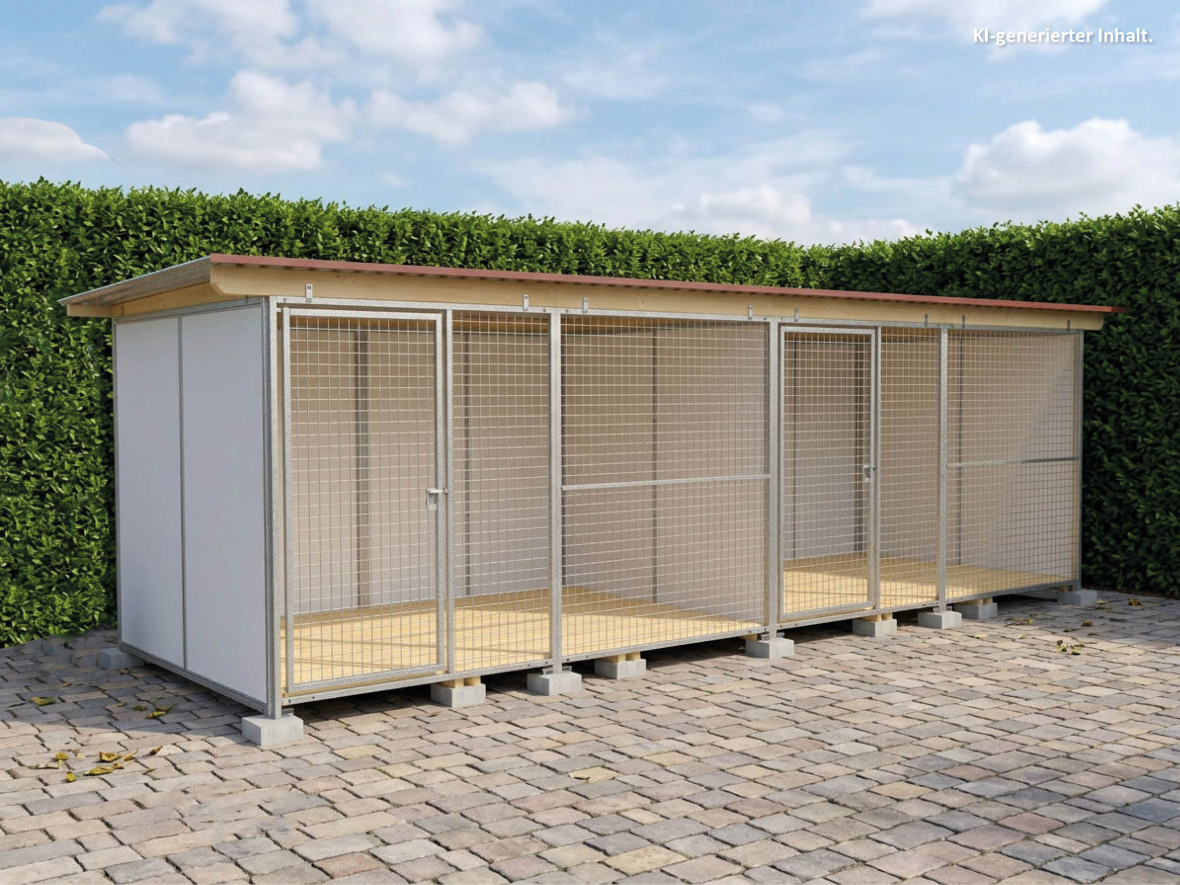 Europa-Hundezwinger 2 x 6 m einmal unterteilt mit zwei Türen, mit Gitterfront, Dach und Holzboden