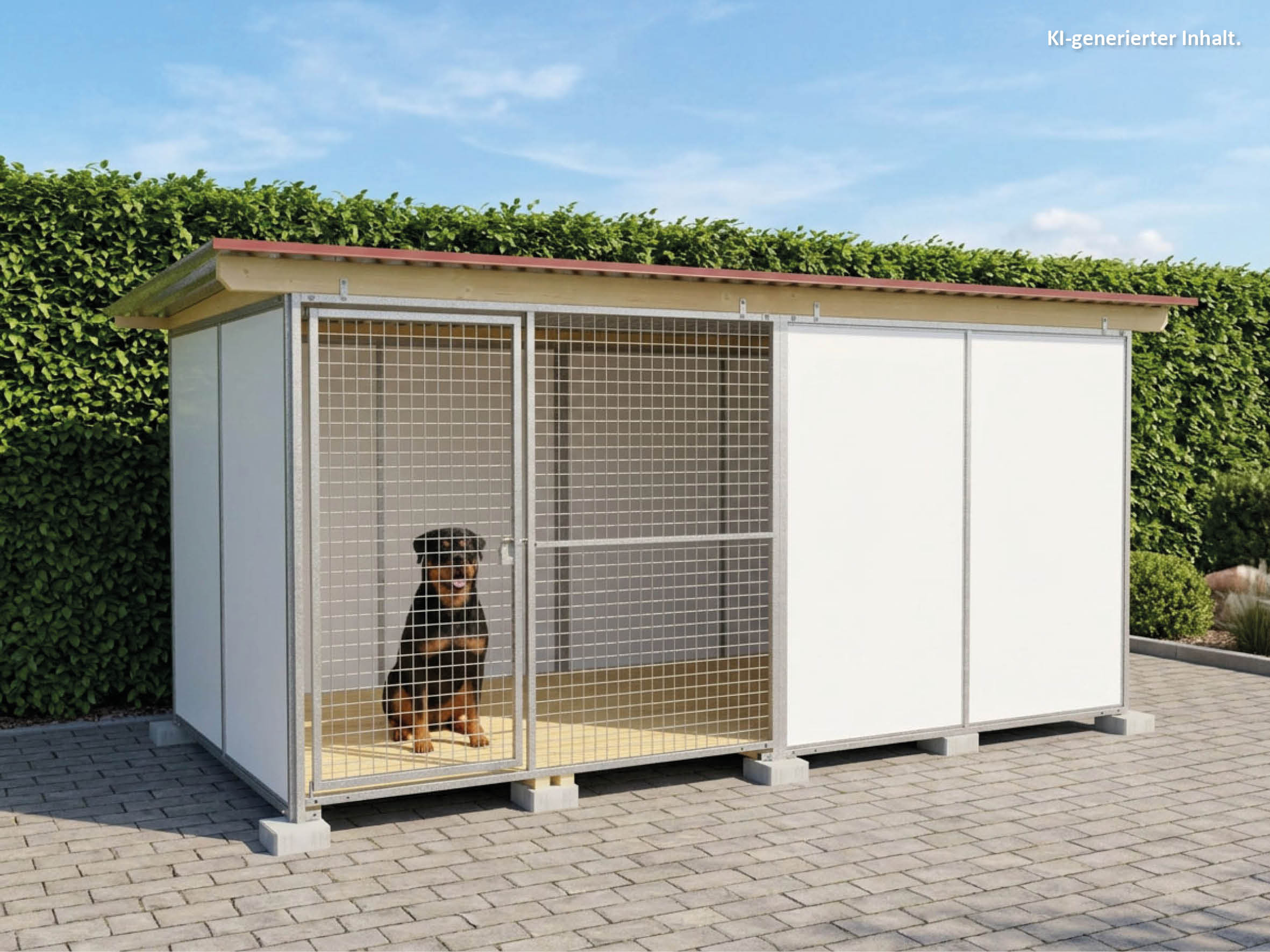 Europa-Hundezwinger 2 x 4 m mit Schutzzecke, Gitterfront, Dach und Holzboden
