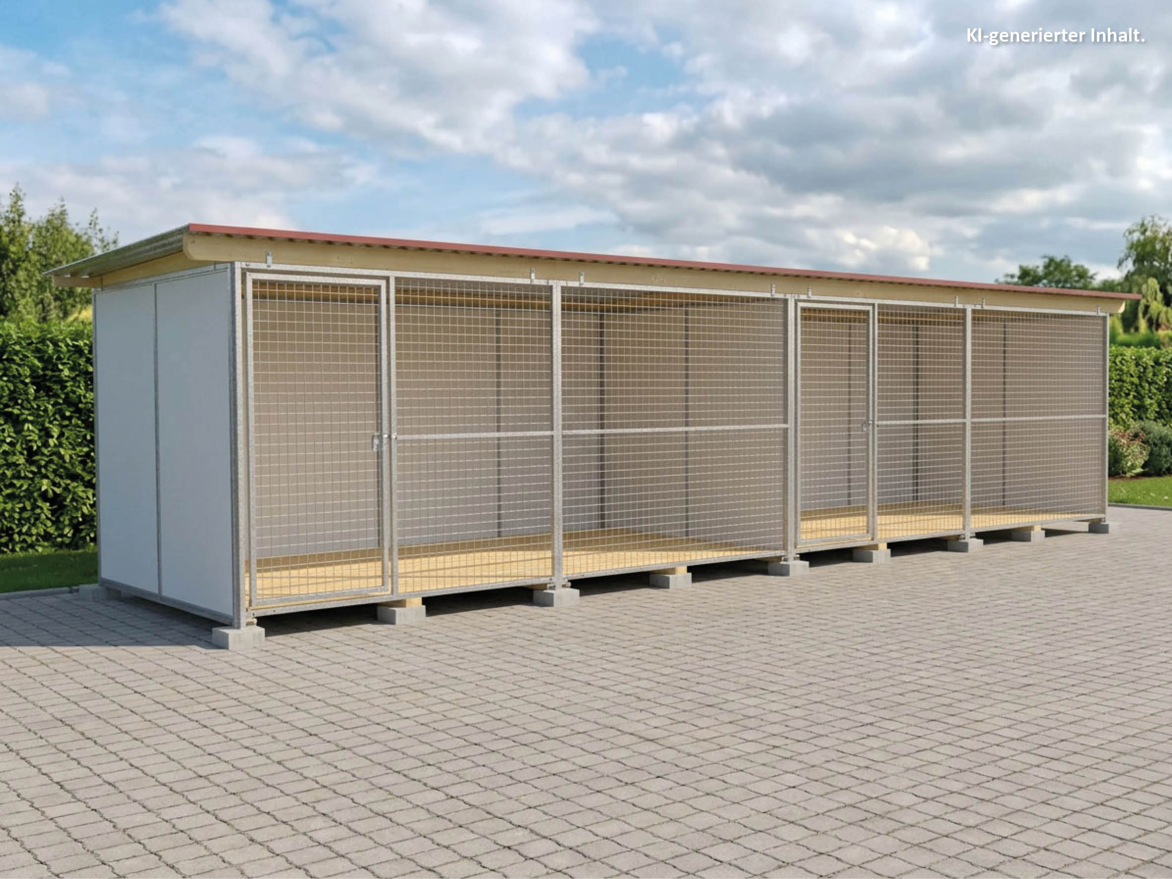 Europa-Hundezwinger 2 x 8 m einmal unterteilt mit zwei Türen, mit Gitterfront, Dach und Holzboden