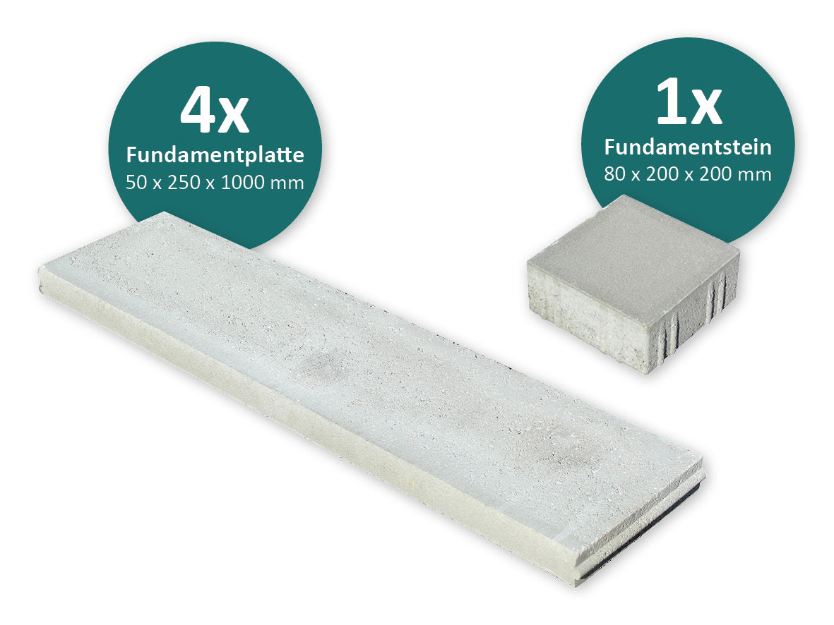Fundamentplatte 1 m lang 25 cm breit 5 cm dick mit einem Fundamentstein 20 cm breit und lang und 8 cm hoch