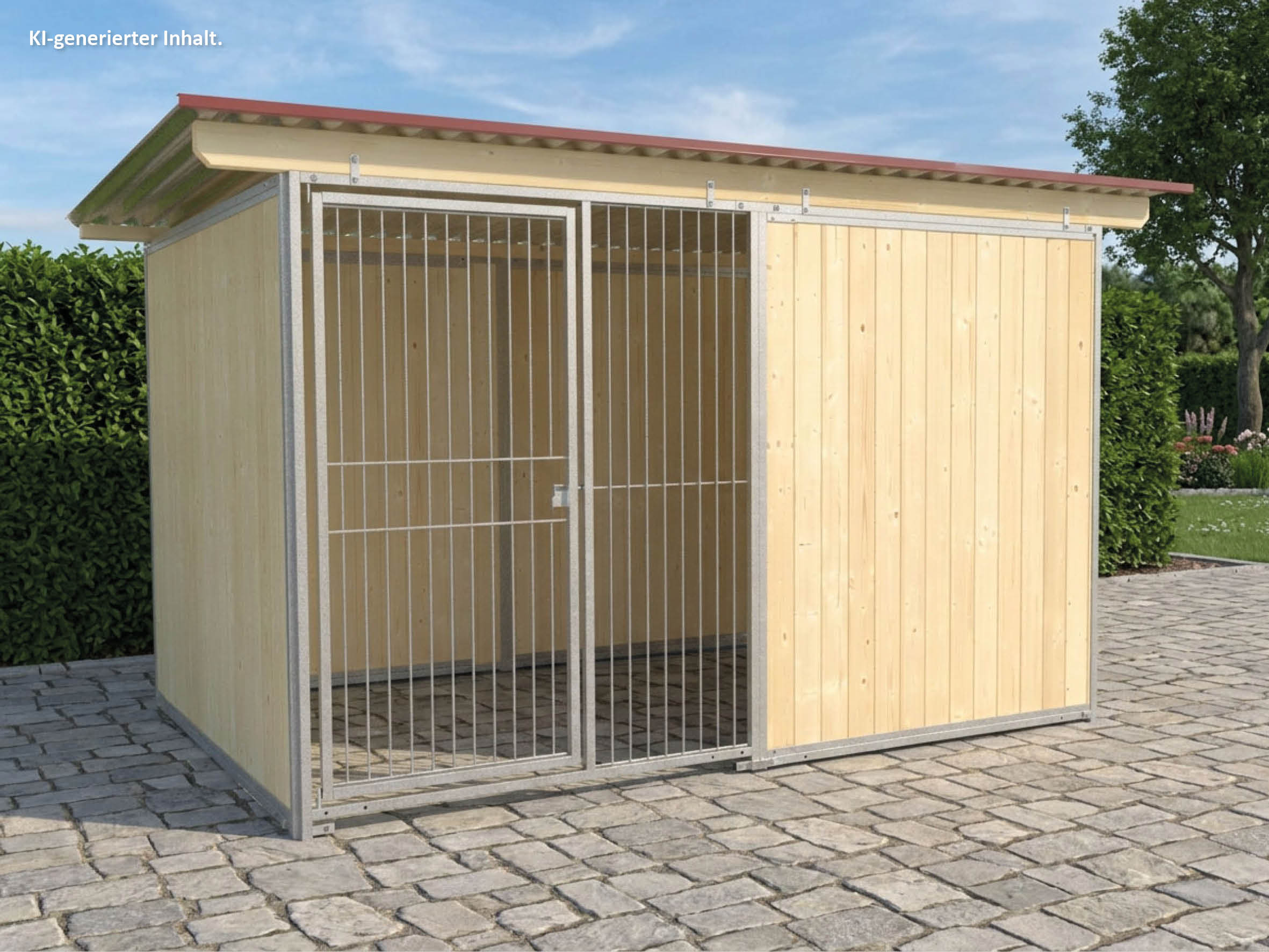 Hundezwinger mit Rohrstabelementen und Holzwänden aus Fichtenholz